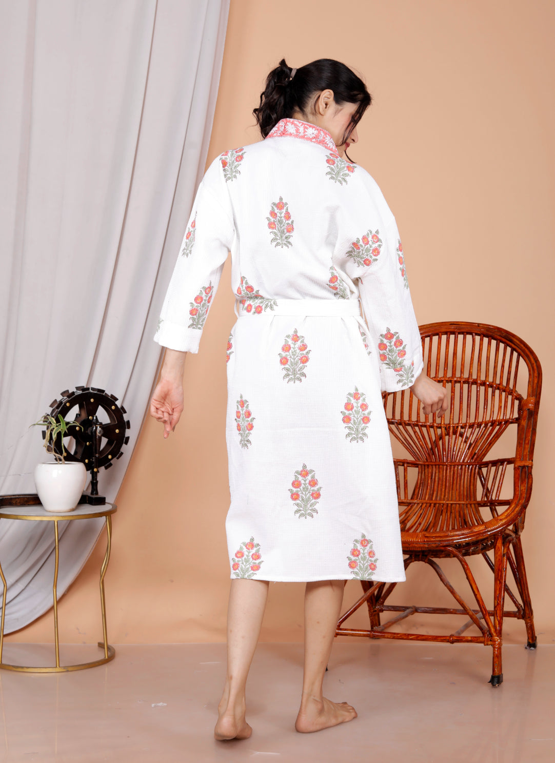 Living Roots Handblock Printed Cotton Waffle Unisex Bath Robe - Free Size (Set Of 1) (91-026-BIG)