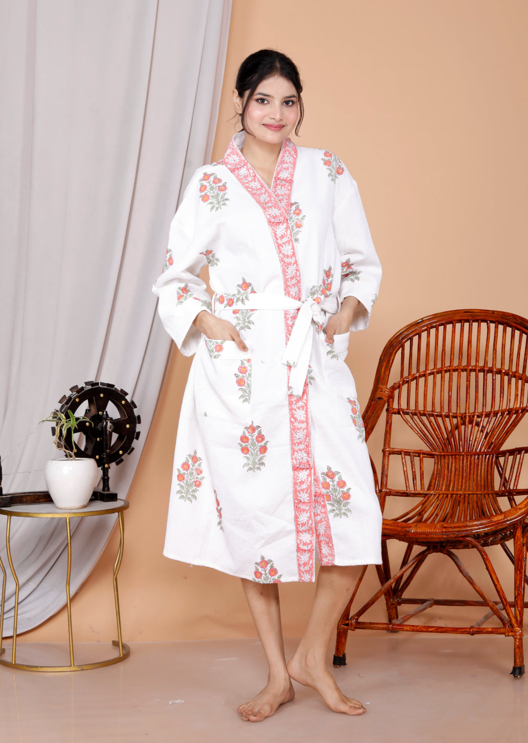 Living Roots Handblock Printed Cotton Waffle Unisex Bath Robe - Free Size (Set Of 1) (91-026-BIG)