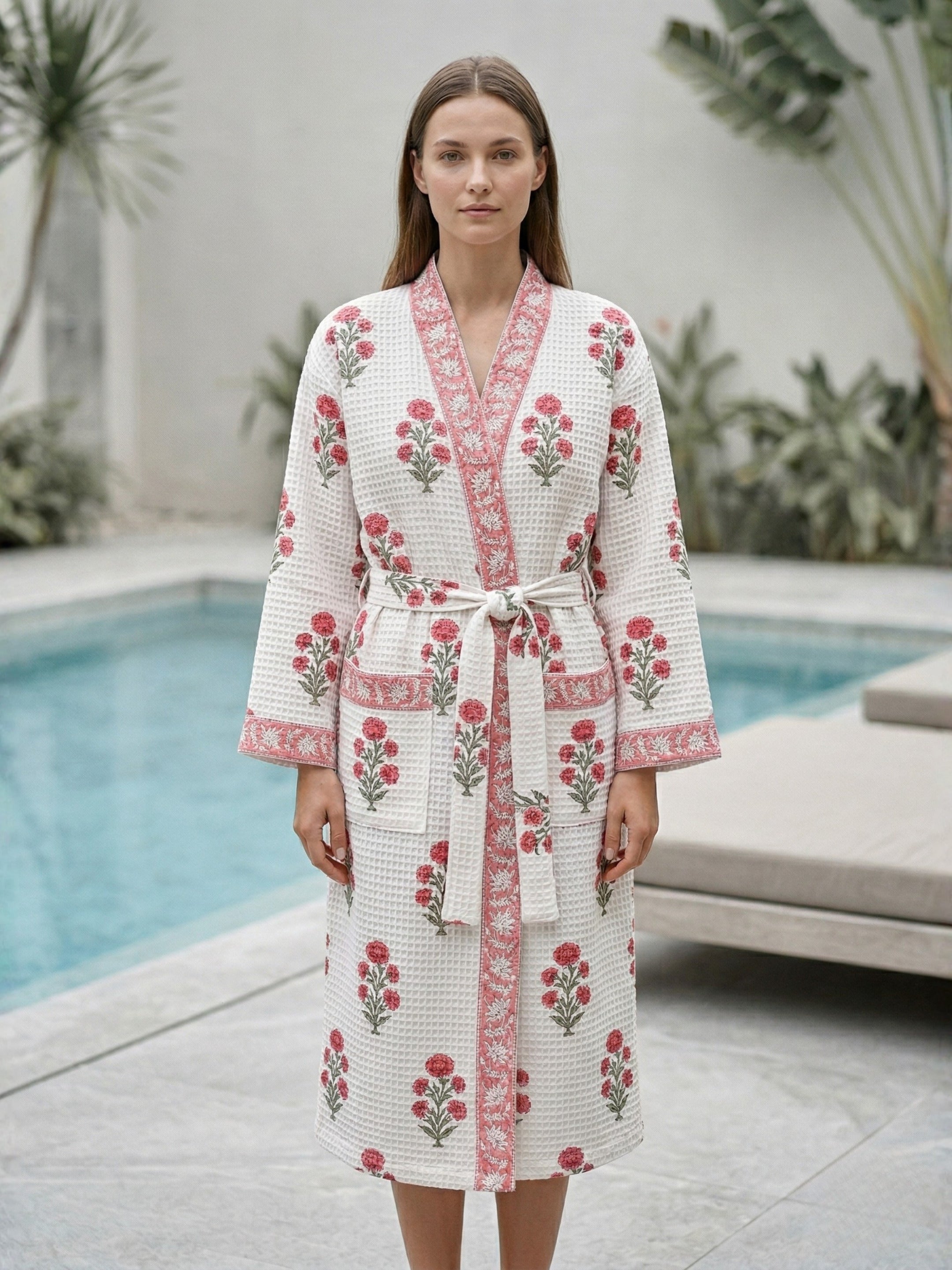 Living Roots Handblock Printed Cotton Waffle Unisex Bath Robe - Free Size (Set Of 1) (91-026-BIG)