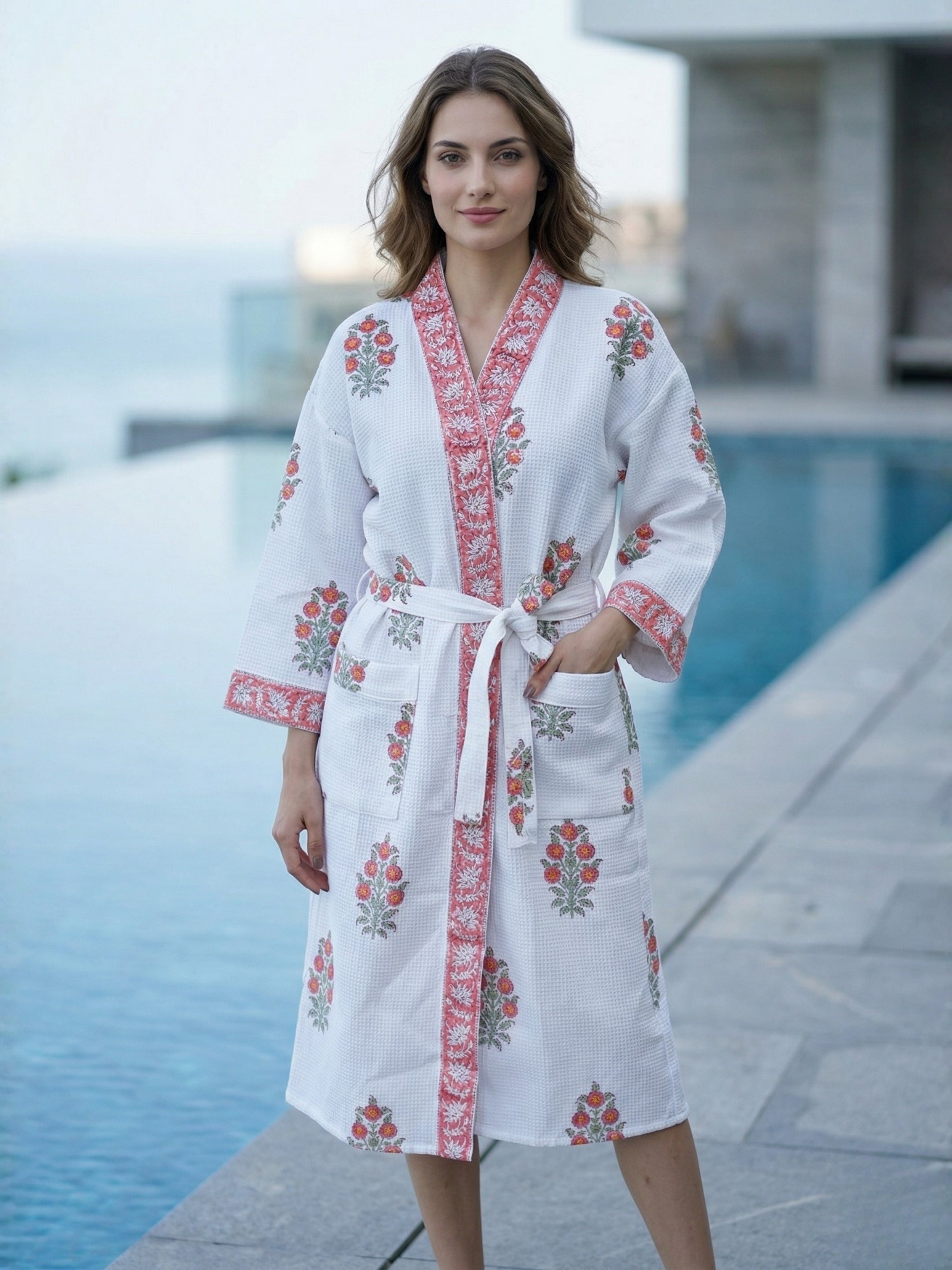 Living Roots Handblock Printed Cotton Waffle Unisex Bath Robe - Free Size (Set Of 1) (91-026-BIG)