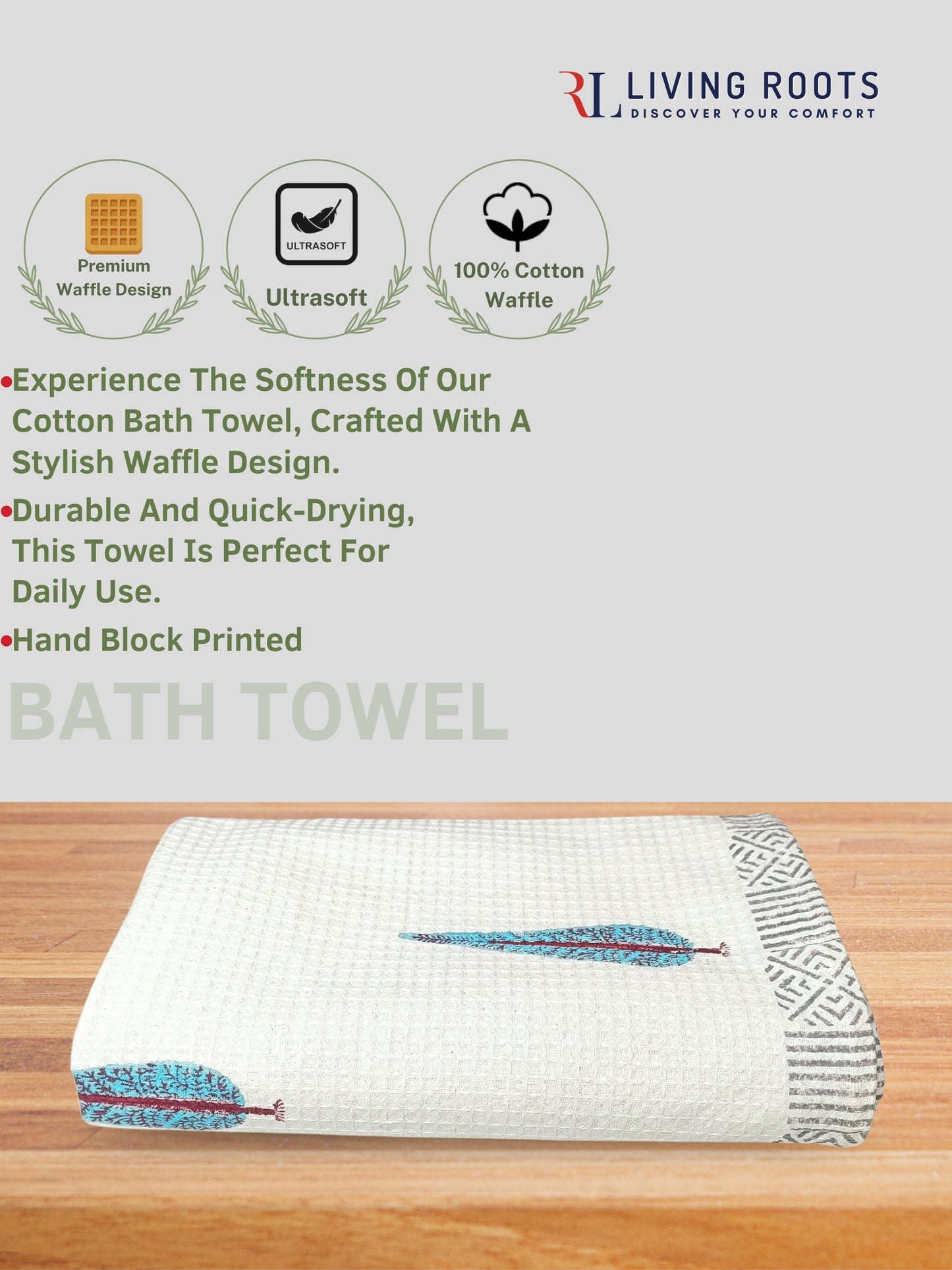 LIVING ROOTS Waffle Cotton 1PC BATH TOWEL & 4PC HANDTOWELS| Rich Fast Colour with No Colour Bleeding | Soft & Skin Friendly (BATH1PC-001-HAND2PC-05)