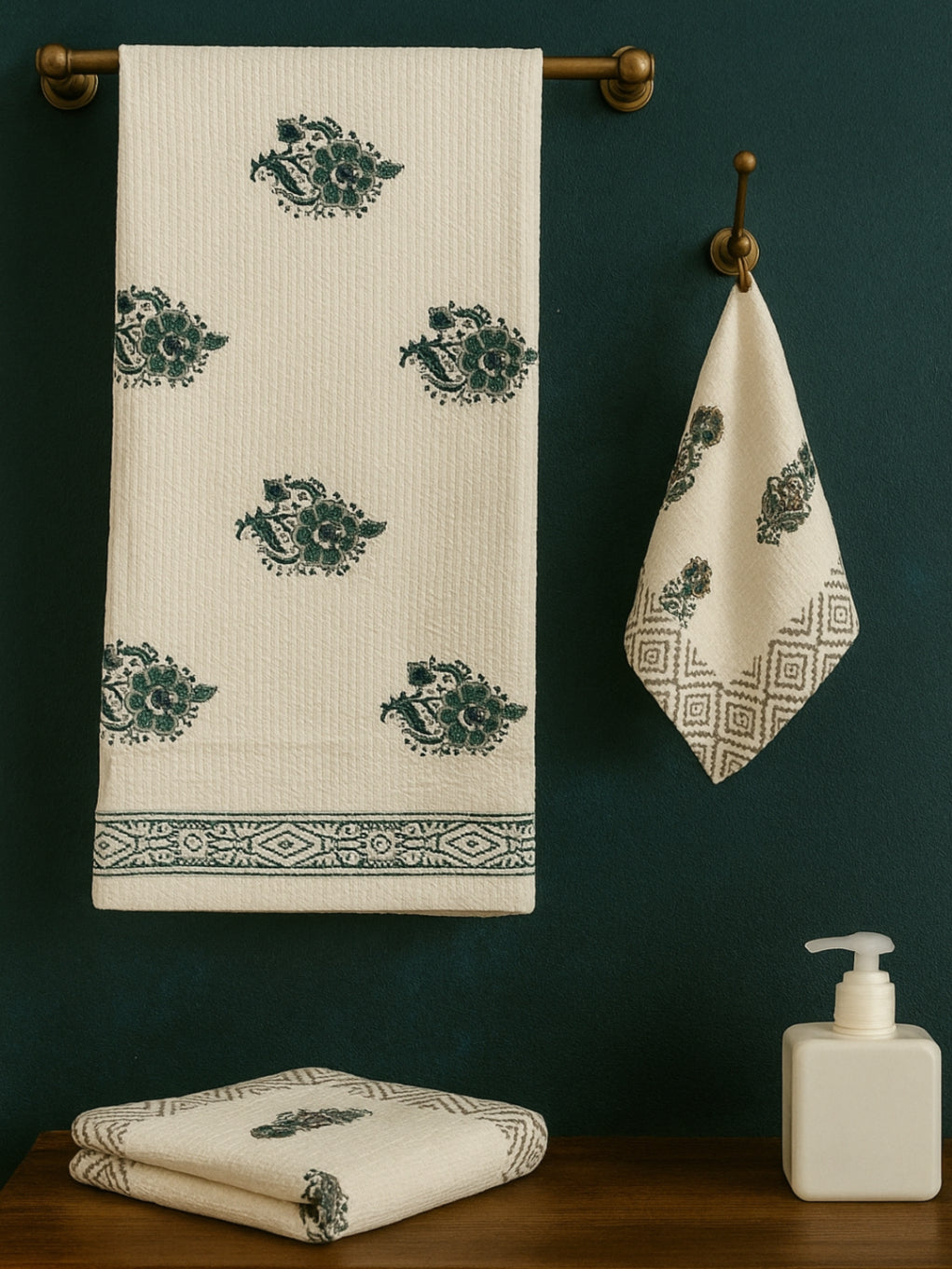 LIVING ROOTS Hand Block Printed 3 Pcs ( 1 Bath Towel  & 2 Hand Towel  ) Waffle Cotton Soft & Absorbent | 210 GSM | White | ( BATH1PC-002-HAND2PC-03 )