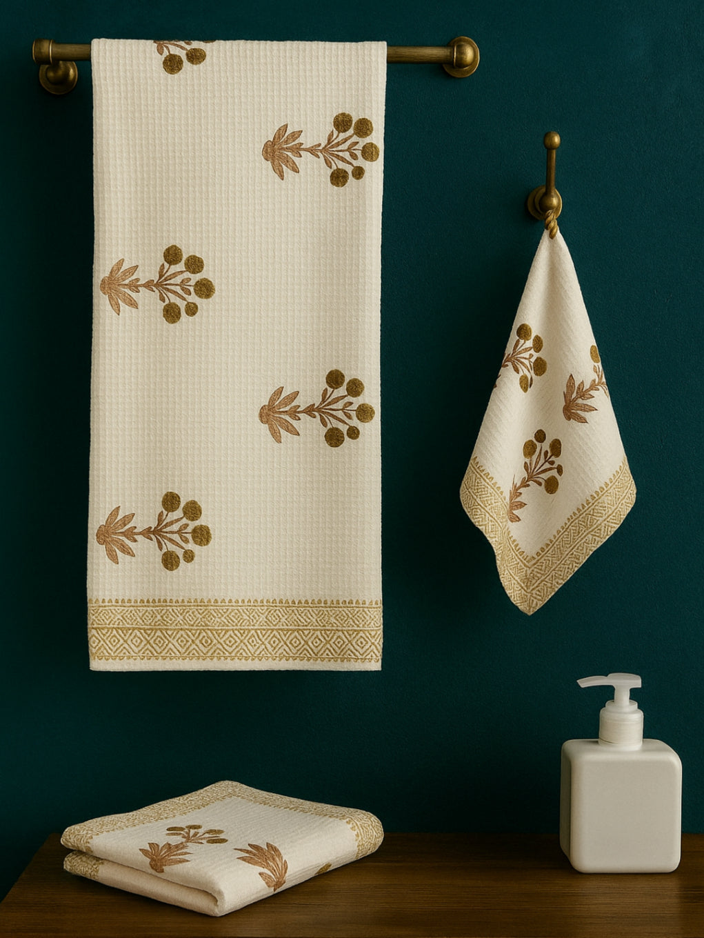 LIVING ROOTS Hand Block Printed 3 Pcs ( 1 Bath Towel  & 2 Hand Towel  ) Waffle Cotton Soft & Absorbent | 210 GSM | White | ( BATH1PC-005-HAND2PC-02 )