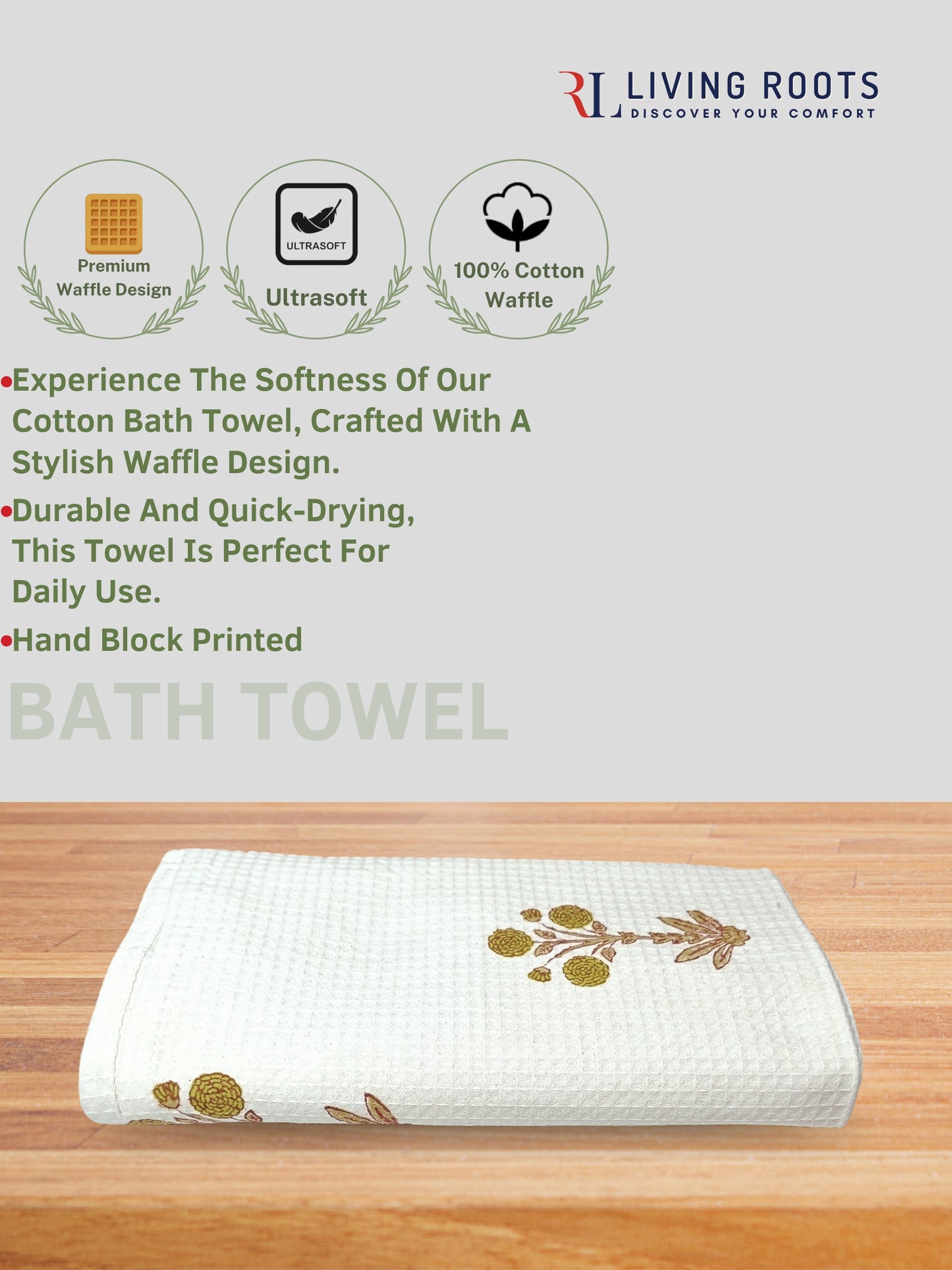 LIVING ROOTS Waffle Cotton 1PC BATH TOWEL & 4PC HANDTOWELS| Rich Fast Colour with No Colour Bleeding | Soft & Skin Friendly (BATH1PC-005-HAND2PC-02)