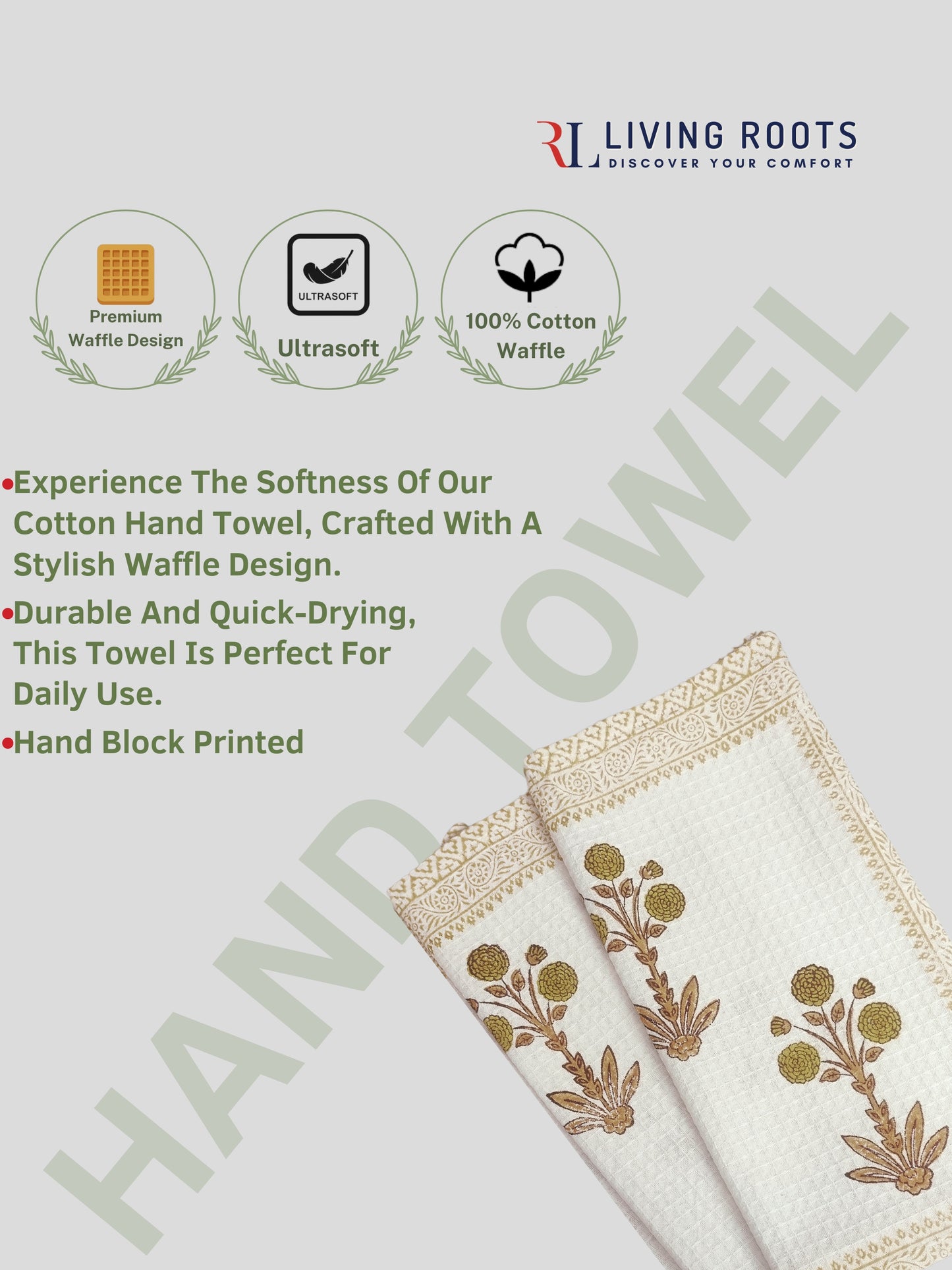 LIVING ROOTS Waffle Cotton 1PC BATH TOWEL & 4PC HANDTOWELS| Rich Fast Colour with No Colour Bleeding | Soft & Skin Friendly (BATH1PC-005-HAND2PC-02)