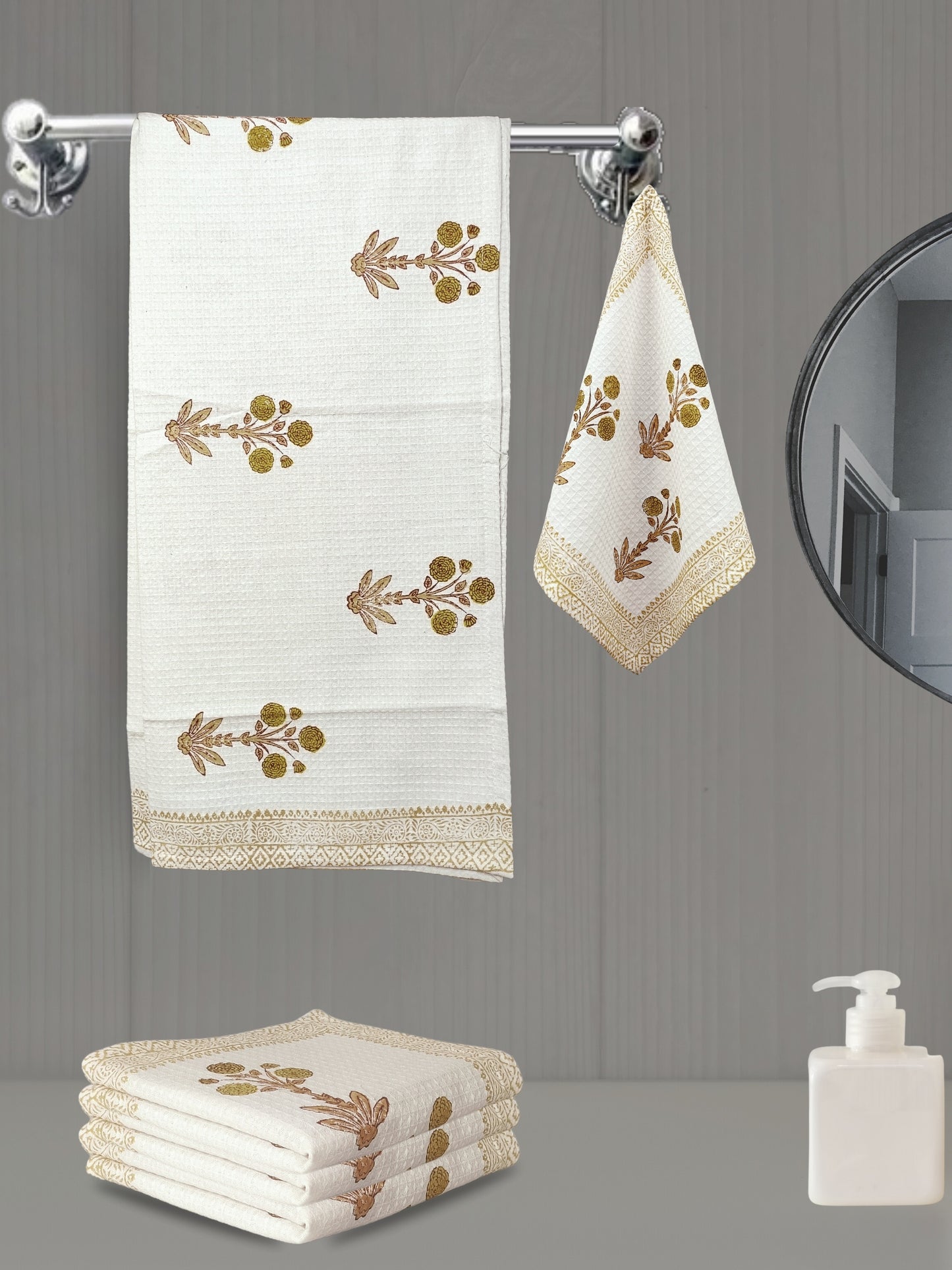 LIVING ROOTS Waffle Cotton 1PC BATH TOWEL & 4PC HANDTOWELS| Rich Fast Colour with No Colour Bleeding | Soft & Skin Friendly (BATH1PC-005-HAND4PC-02)