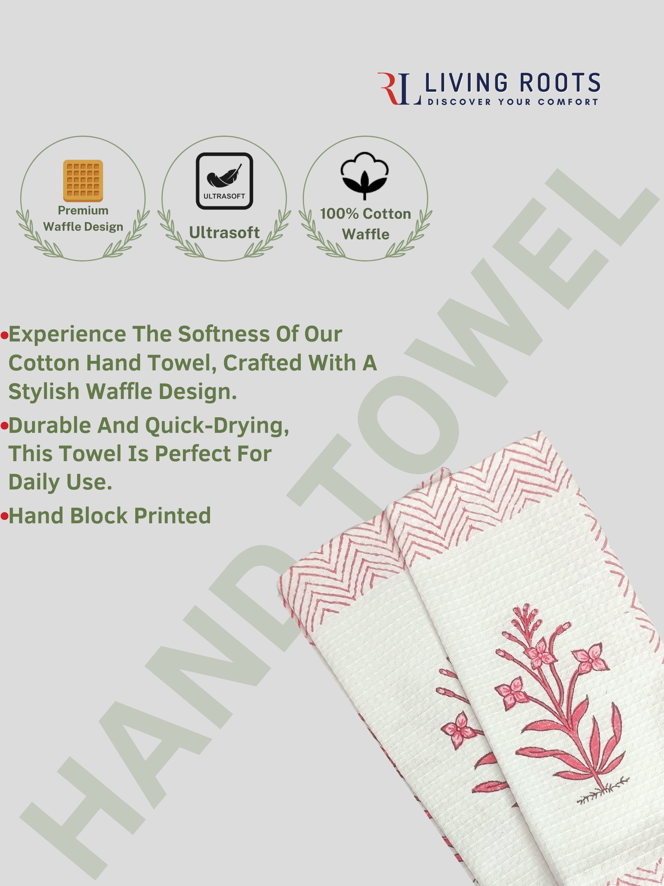 LIVING ROOTS Hand Block Printed 3 Pcs ( 1 Bath Towel  & 2 Hand Towel  ) Waffle Cotton Soft & Absorbent | 210 GSM | White | ( BATH1PC-006-HAND2PC-01 )
