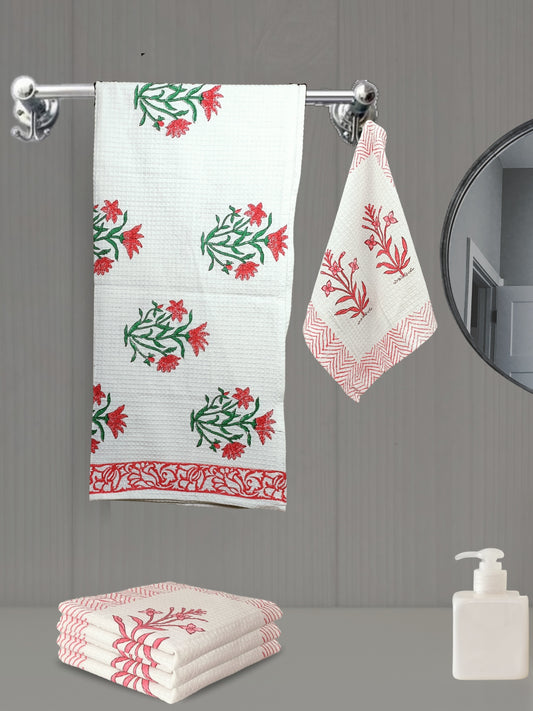 LIVING ROOTS Waffle Cotton 1PC BATH TOWEL & 4PC HANDTOWELS| Rich Fast Colour with No Colour Bleeding | Soft & Skin Friendly (BATH1PC-006-HAND4PC-01)