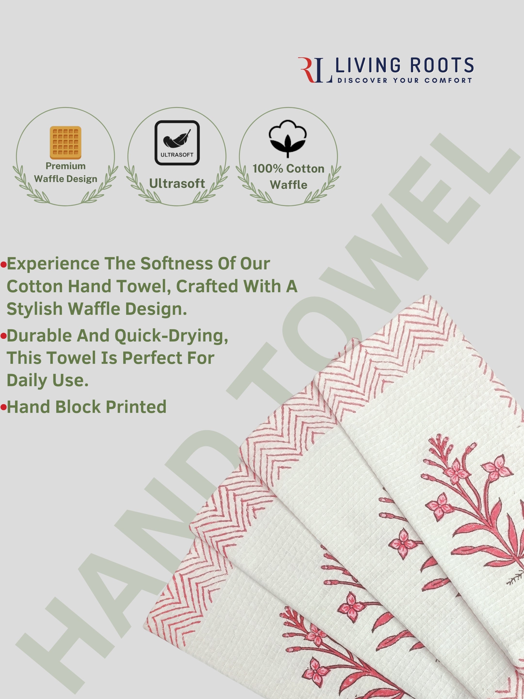 LIVING ROOTS Hand Block Printed 5 Pcs ( 1 Bath Towel  & 4 Hand Towel  ) Waffle Cotton Soft & Absorbent | 210 GSM | White | ( BATH1PC-006-HAND4PC-01 )