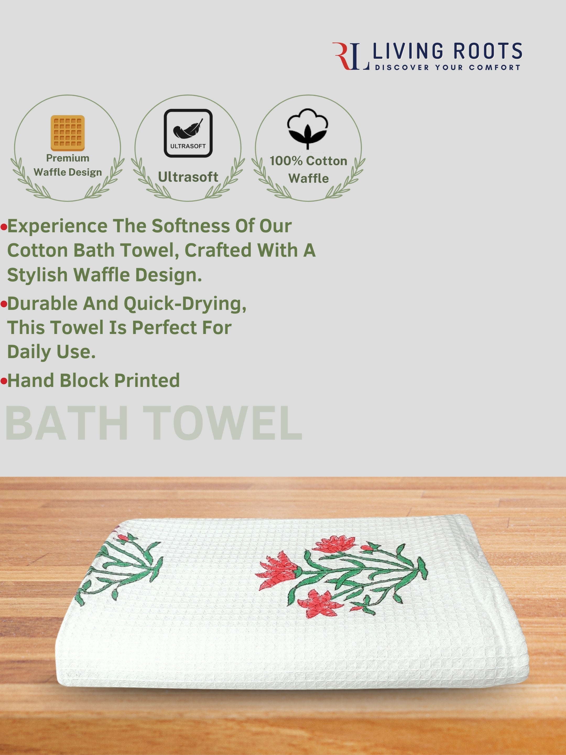 LIVING ROOTS Hand Block Printed 5 Pcs ( 1 Bath Towel  & 4 Hand Towel  ) Waffle Cotton Soft & Absorbent | 210 GSM | White | ( BATH1PC-006-HAND4PC-01 )