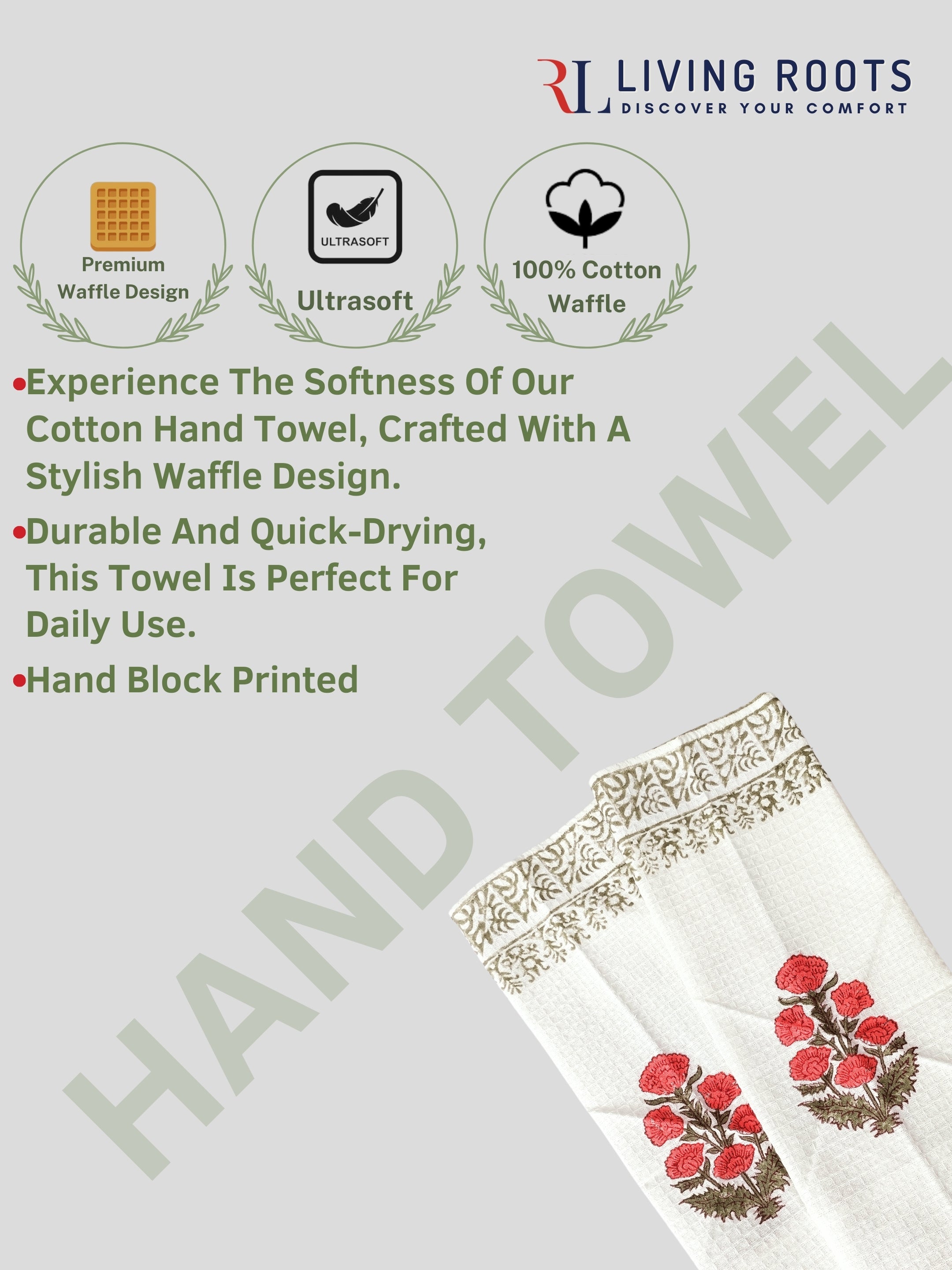 LIVING ROOTS Hand Block Printed 3 Pcs ( 1 Bath Towel  & 2 Hand Towel  ) Waffle Cotton Soft & Absorbent | 210 GSM | White | ( BATH1PC-013-HAND2PC-13 )