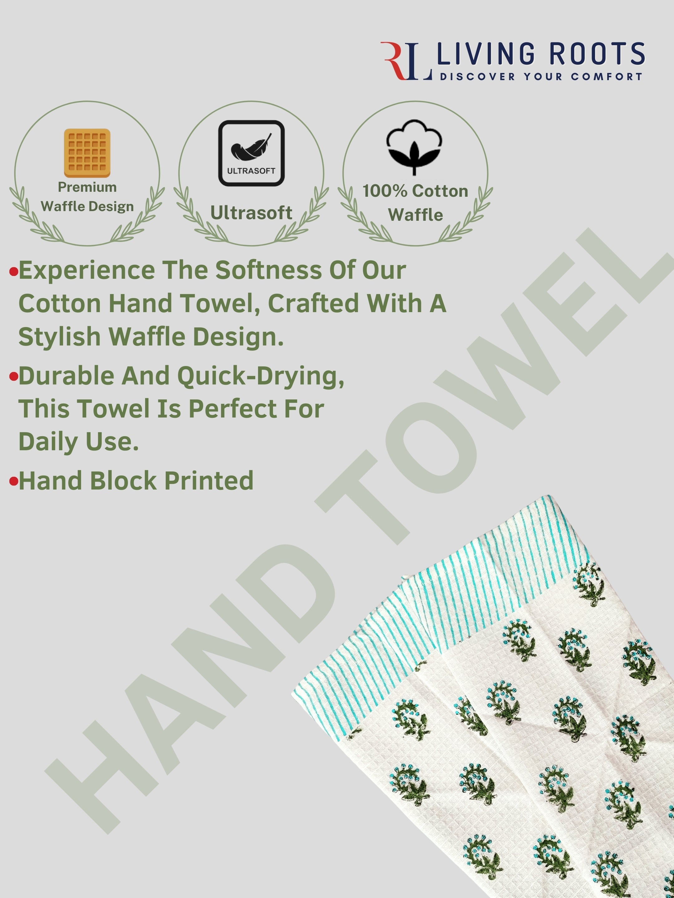 LIVING ROOTS Hand Block Printed 3 Pcs ( 1 Bath Towel  & 2 Hand Towel  ) Waffle Cotton Soft & Absorbent | 210 GSM | Green | ( BATH1PC-015-HAND2PC-15 )