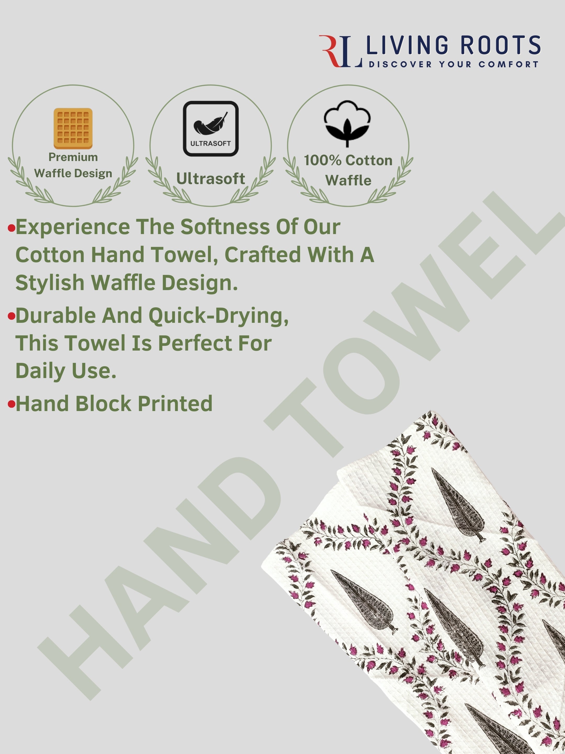 LIVING ROOTS Hand Block Printed 3 Pcs ( 1 Bath Towel  & 2 Hand Towel  ) Waffle Cotton Soft & Absorbent | 210 GSM | Grey | ( BATH1PC-017-HAND2PC-17 )