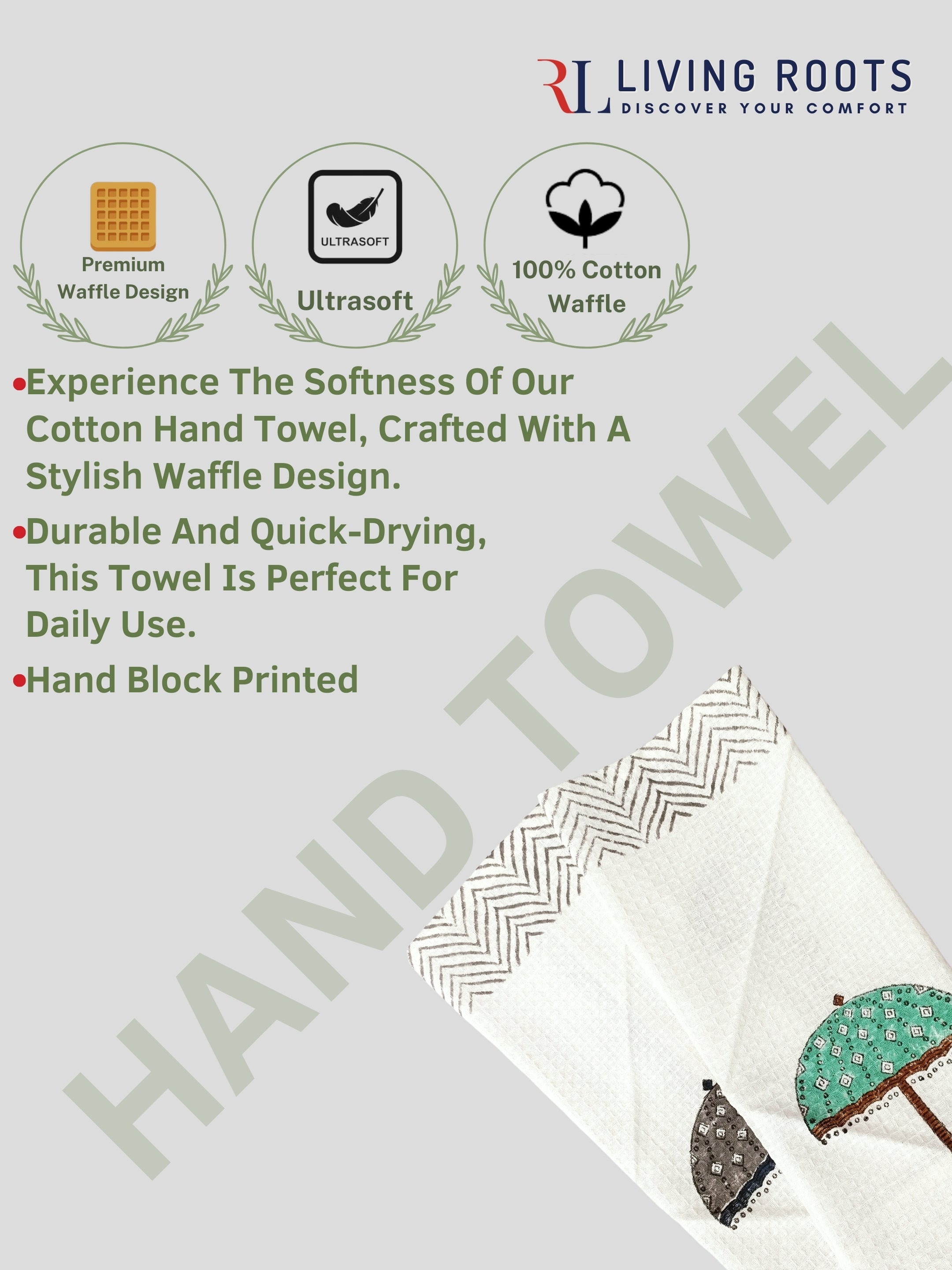 LIVING ROOTS Hand Block Printed 3 Pcs ( 1 Bath Towel  & 2 Hand Towel  ) Waffle Cotton Soft & Absorbent | 210 GSM | Green | ( BATH1PC-018-HAND2PC-18 )