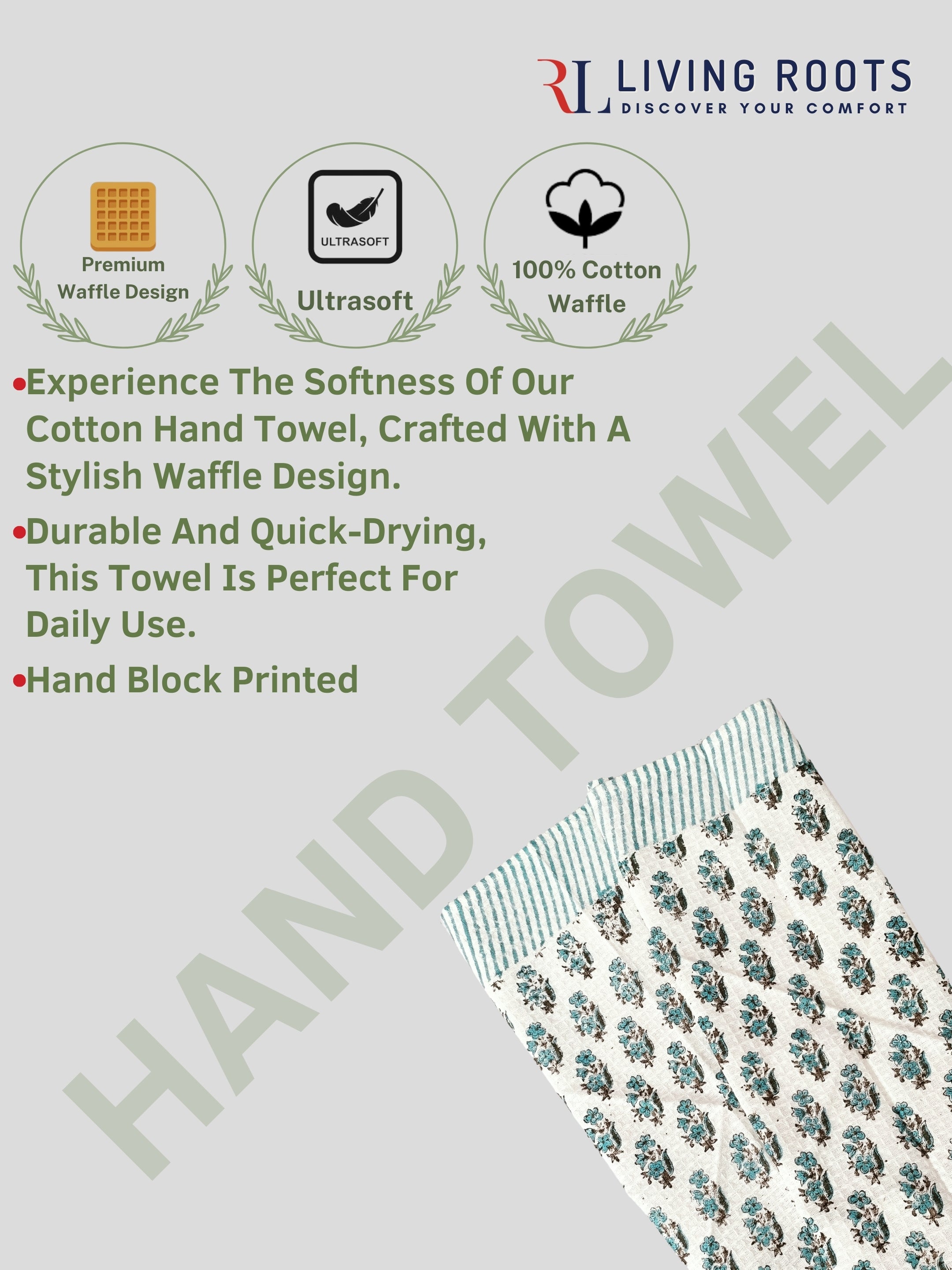 LIVING ROOTS Hand Block Printed 3 Pcs ( 1 Bath Towel  & 2 Hand Towel  ) Waffle Cotton Soft & Absorbent | 210 GSM | Blue | ( BATH1PC-020-HAND2PC-20 )