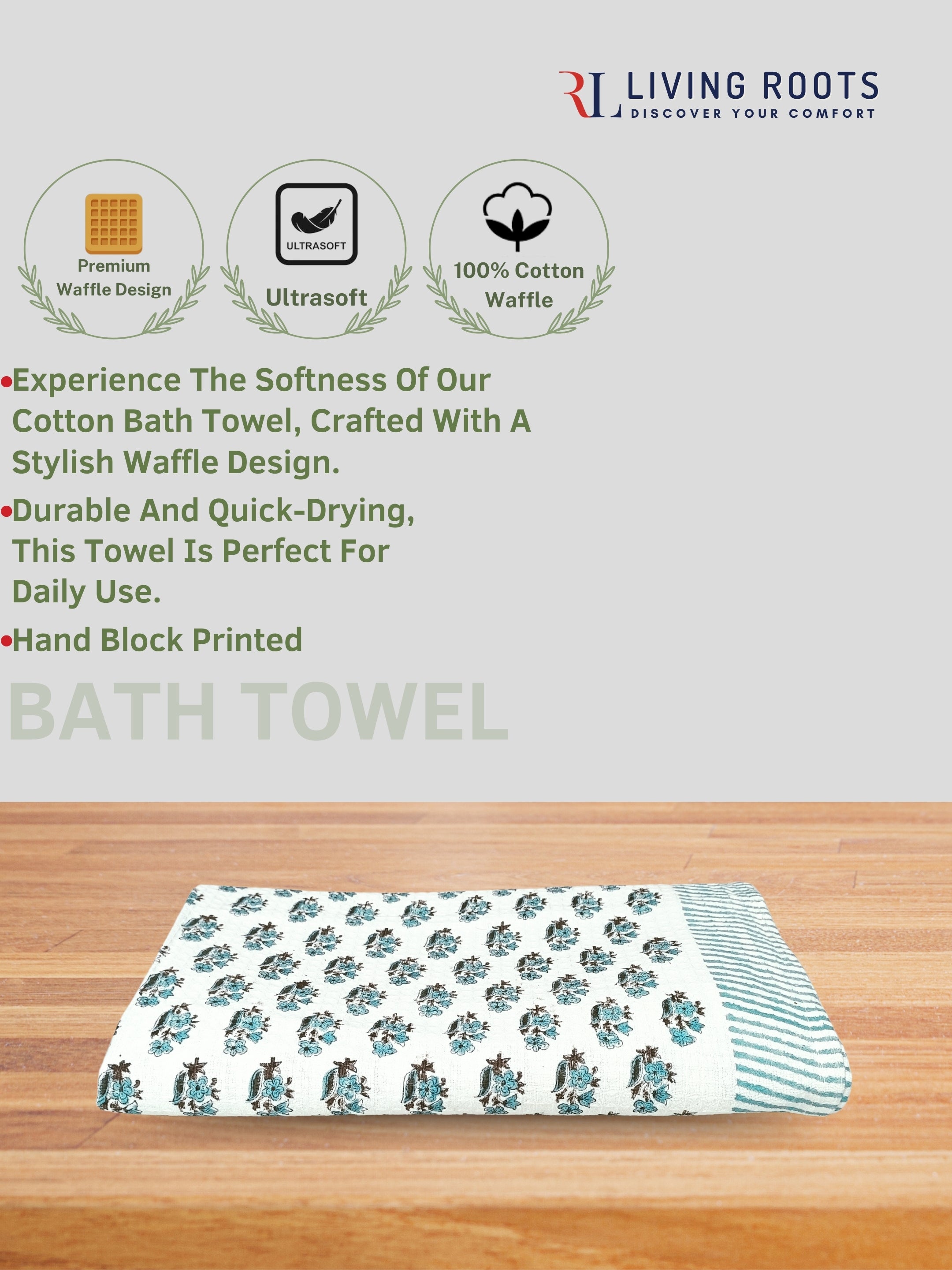 LIVING ROOTS Hand Block Printed 6 Pcs ( 2 Bath Towel  & 4 Hand Towel  ) Waffle Cotton Soft & Absorbent | 210 GSM | White | ( BATH2PC-020-HAND4PC-20 )