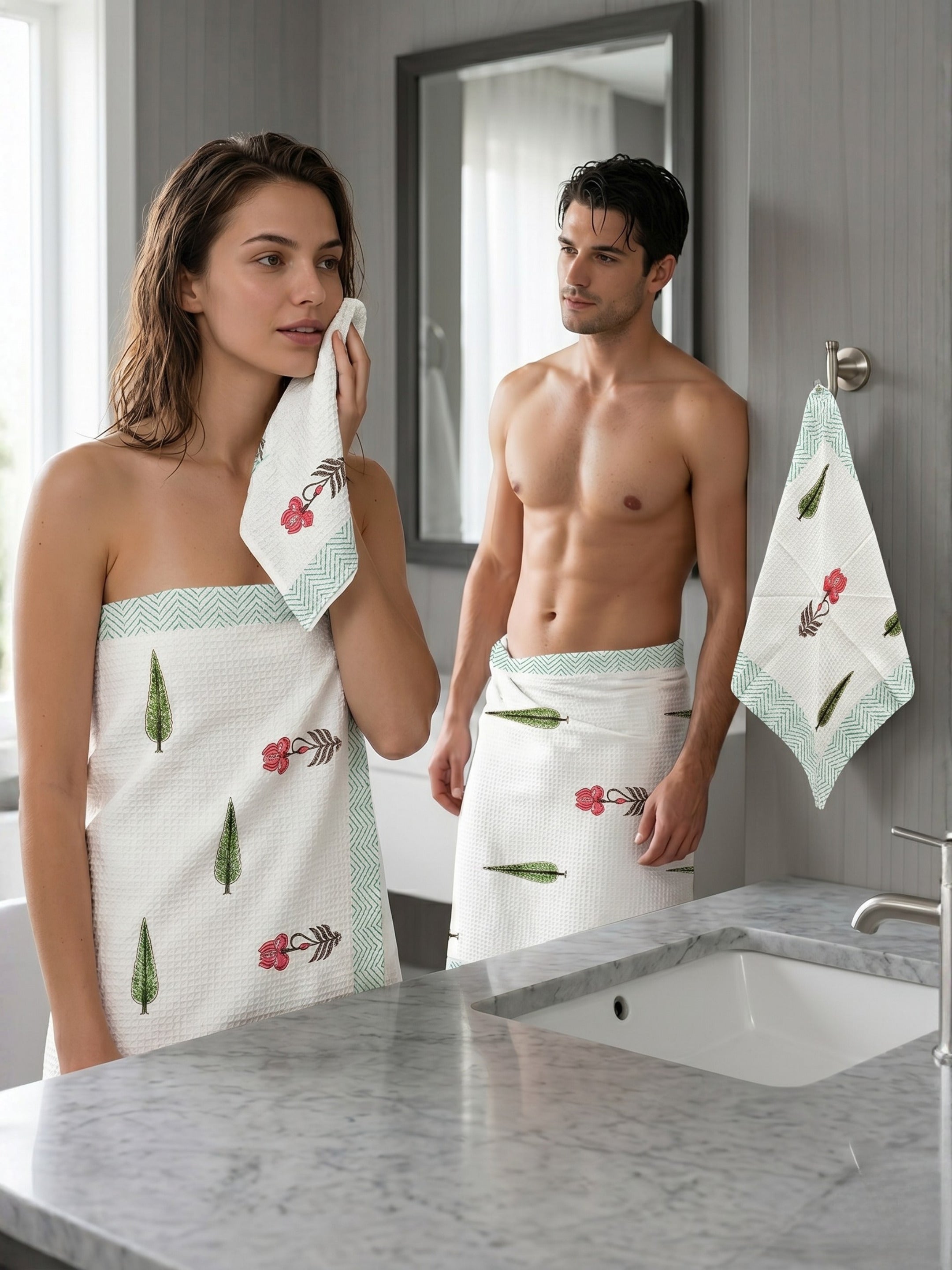 LIVING ROOTS Hand Block Printed 6 Pcs ( 2 Bath Towel  & 4 Hand Towel  ) Waffle Cotton Soft & Absorbent | 210 GSM | White | ( BATH2PC-012-HAND4PC-12 )