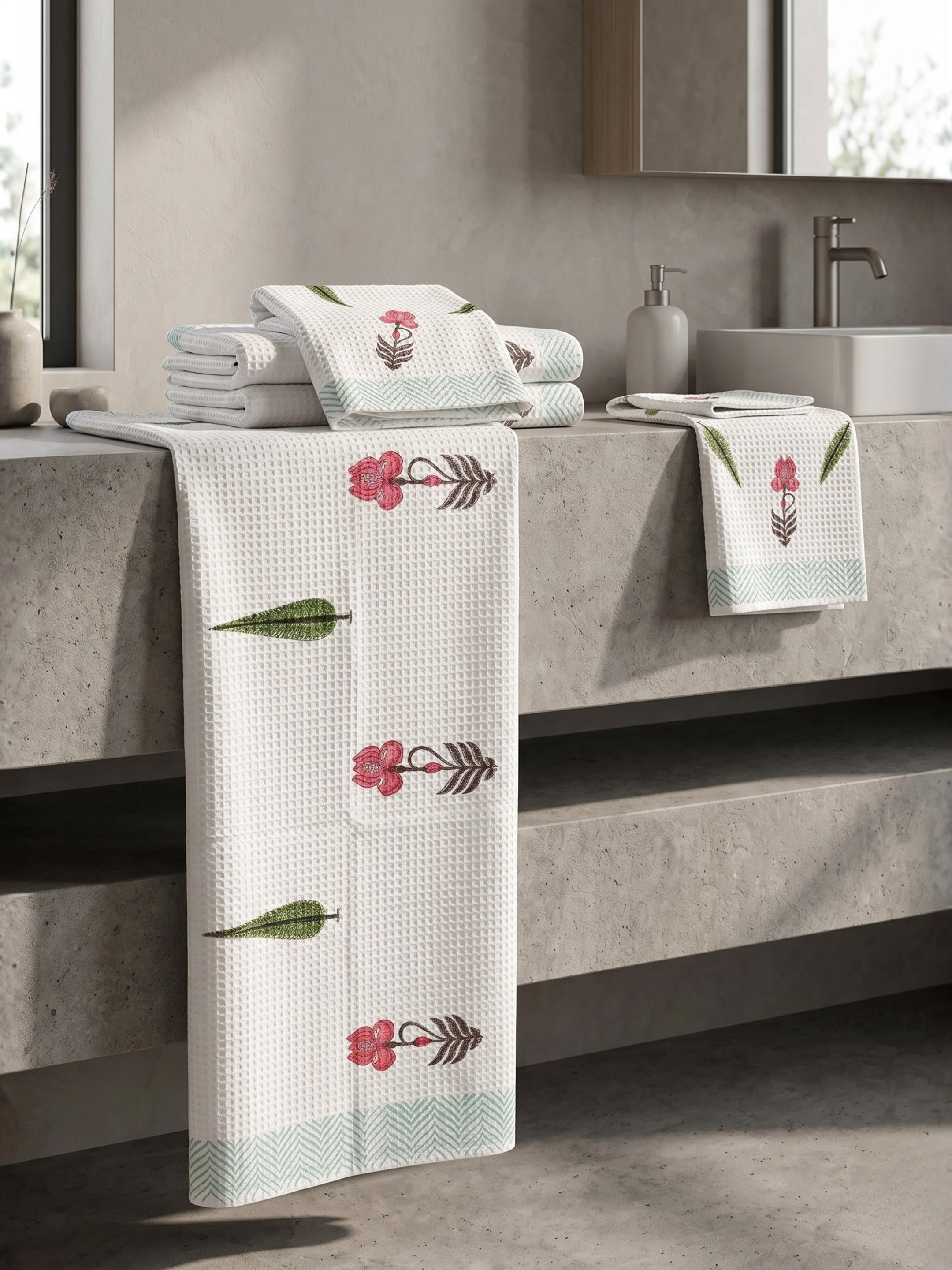 LIVING ROOTS Hand Block Printed 3 Pcs ( 1 Bath Towel  & 2 Hand Towel  ) Waffle Cotton Soft & Absorbent | 210 GSM | Pink | ( BATH1PC-012-HAND2PC-12 )