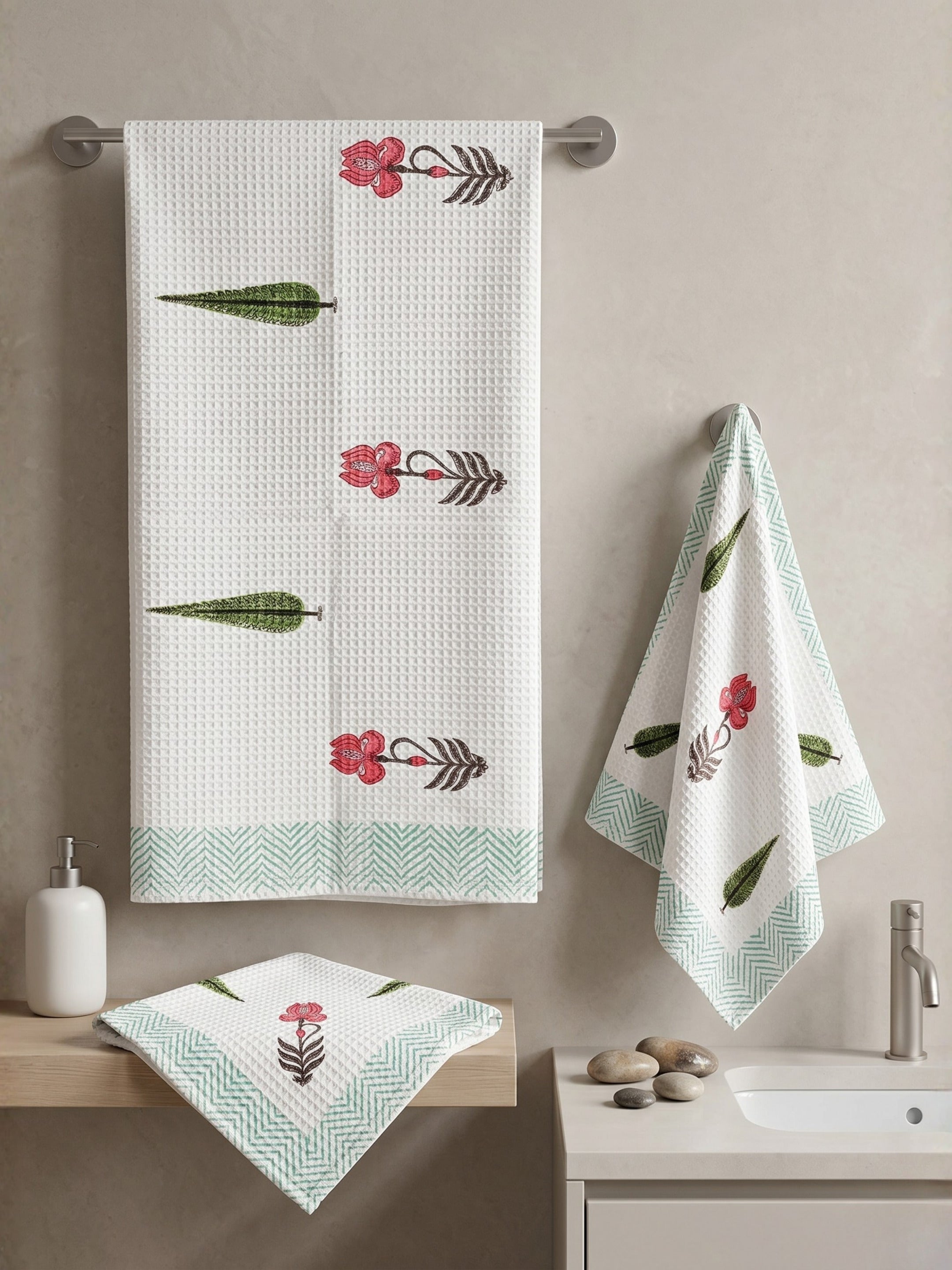 LIVING ROOTS Hand Block Printed 3 Pcs ( 1 Bath Towel  & 2 Hand Towel  ) Waffle Cotton Soft & Absorbent | 210 GSM | Pink | ( BATH1PC-012-HAND2PC-12 )