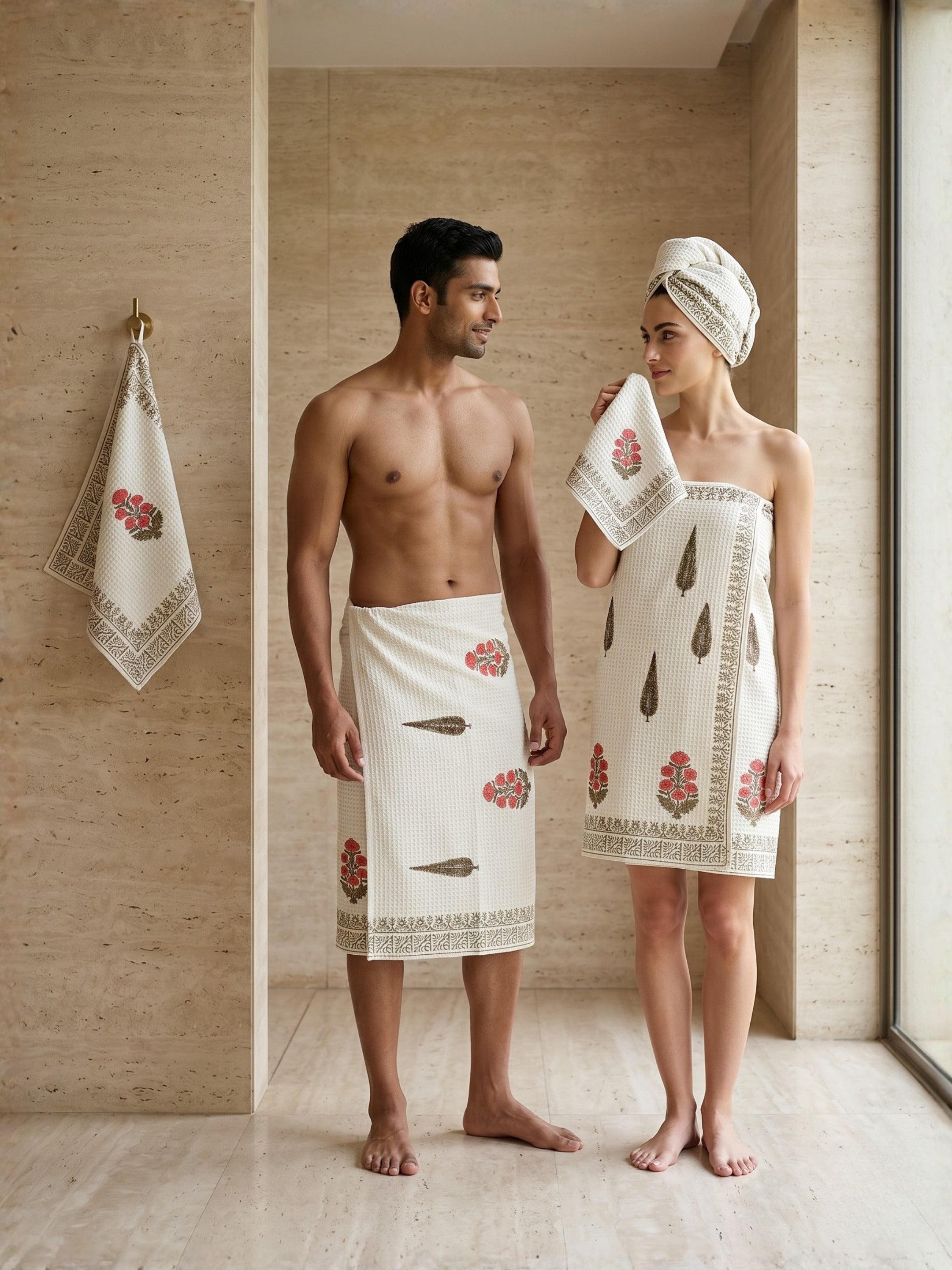 LIVING ROOTS Hand Block Printed 6 Pcs ( 2 Bath Towel  & 4 Hand Towel  ) Waffle Cotton Soft & Absorbent | 210 GSM | White | ( BATH2PC-012-HAND4PC-12 )