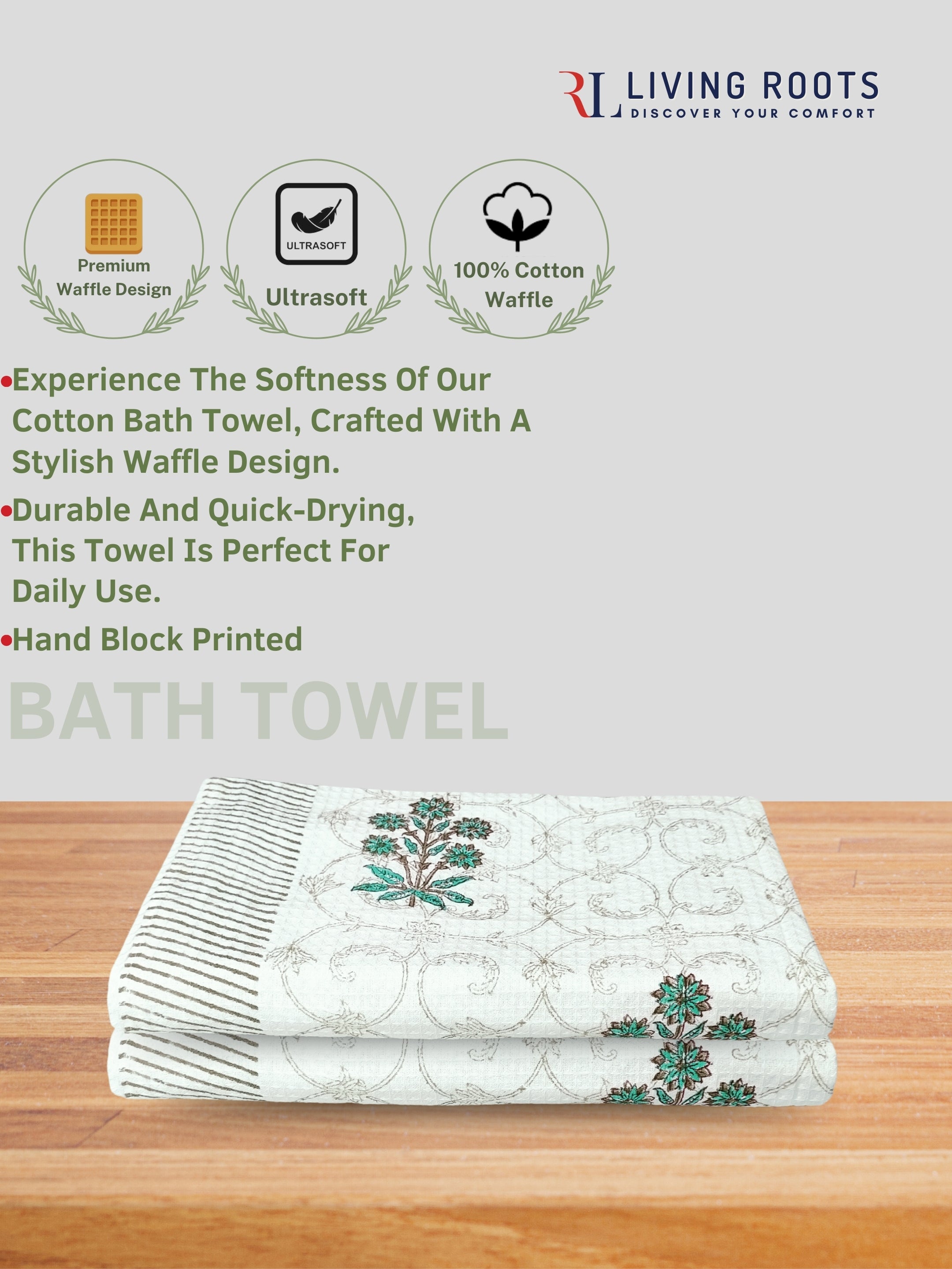 LIVING ROOTS Waffle Cotton 2PC BATH TOWEL & 4PC HANDTOWELS| Rich Fast Colour with No Colour Bleeding | Soft & Skin Friendly (BATH2PC-016-HAND4PC-16)