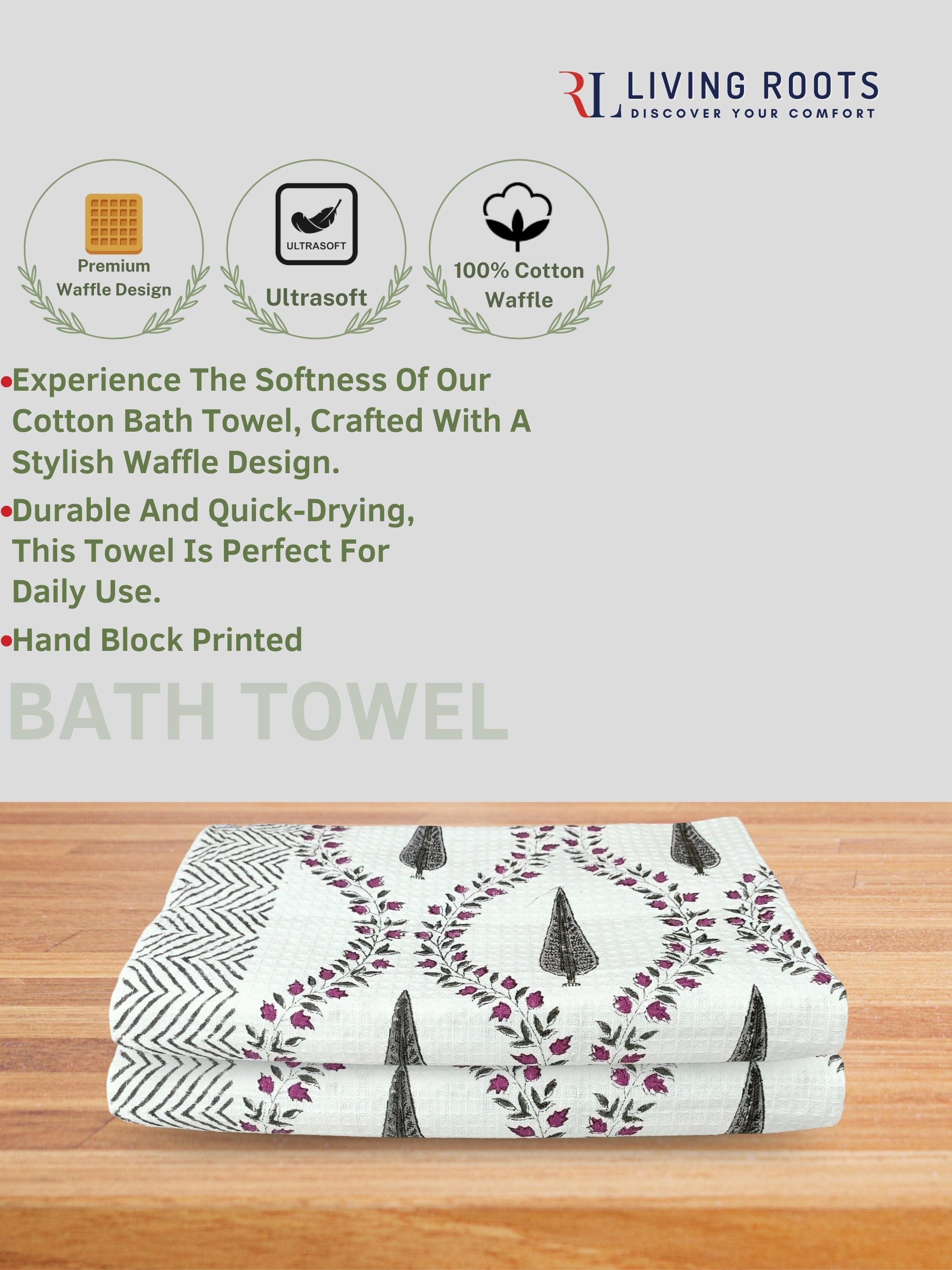 LIVING ROOTS Hand Block Printed 6 Pcs ( 2 Bath Towel  & 4 Hand Towel  ) Waffle Cotton Soft & Absorbent | 210 GSM | Grey | ( BATH2PC-017-HAND4PC-17 )