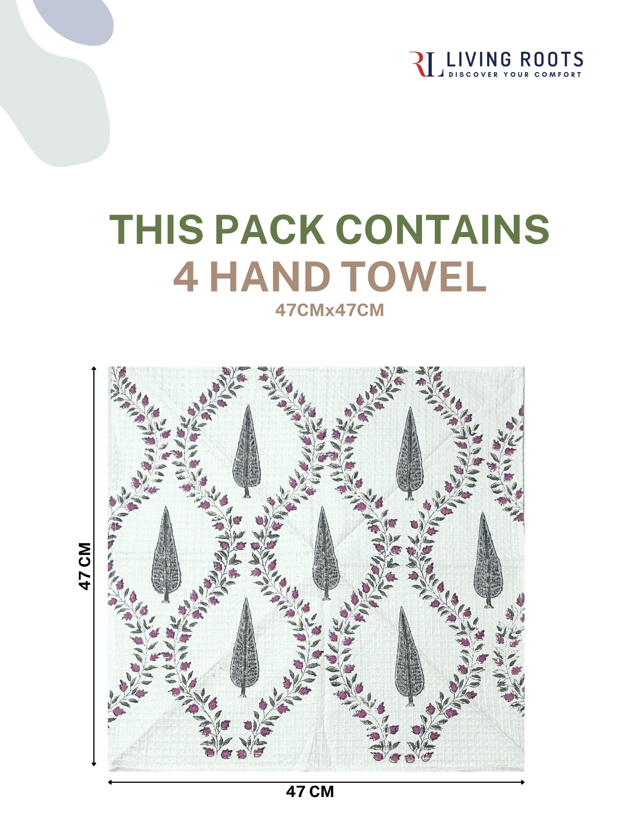 LIVING ROOTS Hand Block Printed 6 Pcs ( 2 Bath Towel  & 4 Hand Towel  ) Waffle Cotton Soft & Absorbent | 210 GSM | Grey | ( BATH2PC-017-HAND4PC-17 )