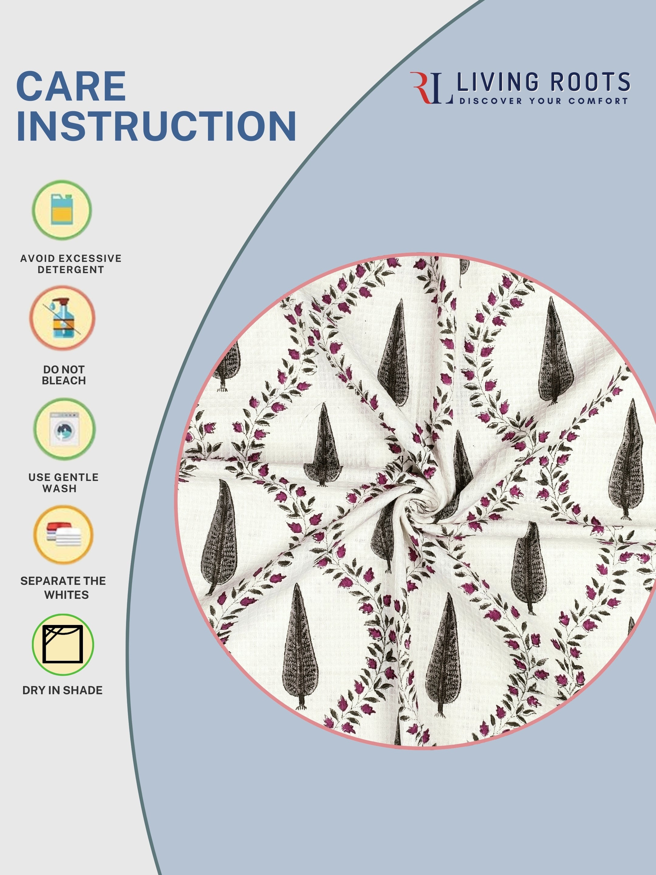 LIVING ROOTS Hand Block Printed 6 Pcs ( 2 Bath Towel  & 4 Hand Towel  ) Waffle Cotton Soft & Absorbent | 210 GSM | Grey | ( BATH2PC-017-HAND4PC-17 )