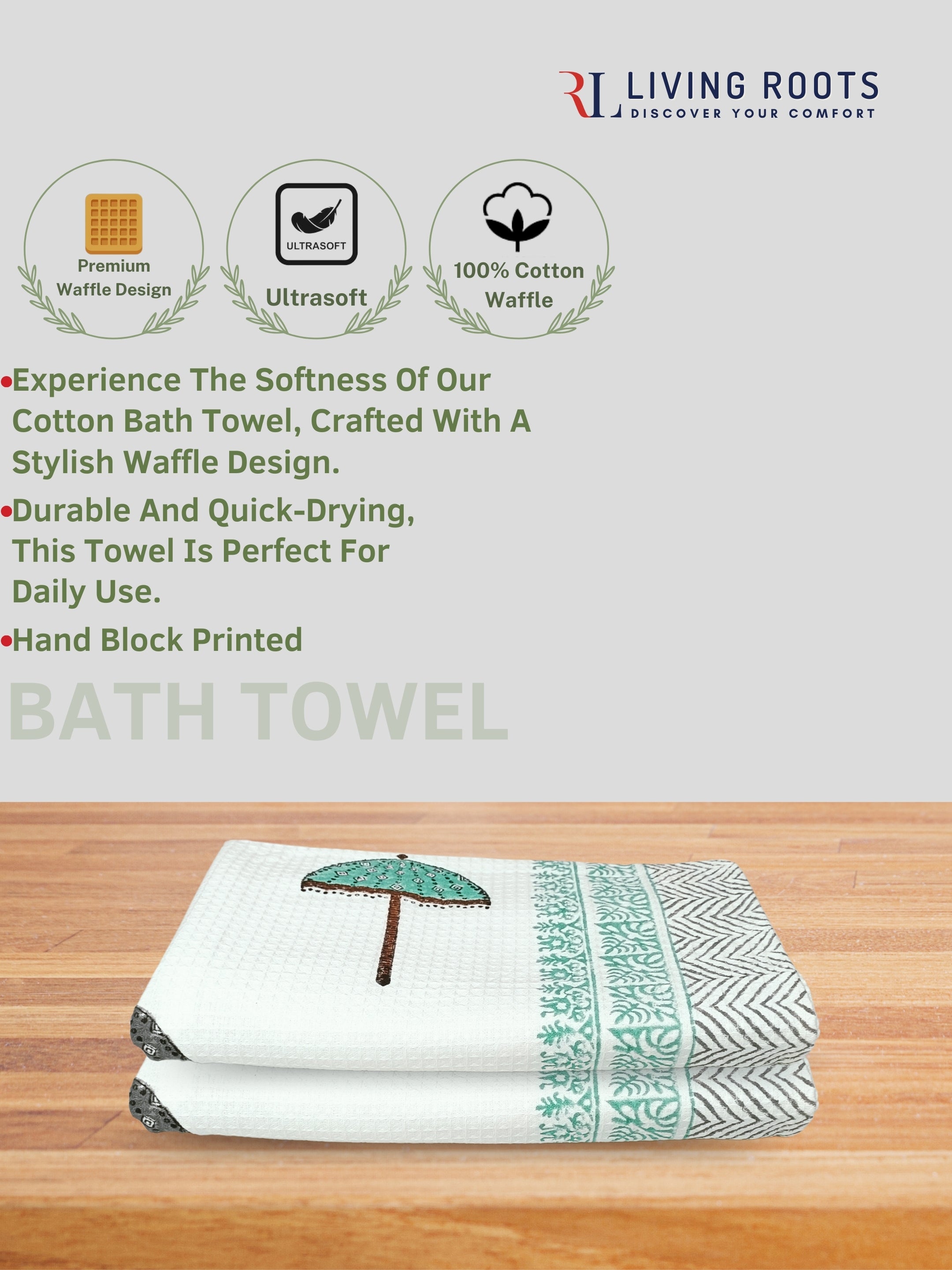 LIVING ROOTS Hand Block Printed 6 Pcs ( 2 Bath Towel  & 4 Hand Towel  ) Waffle Cotton Soft & Absorbent | 210 GSM | Green | ( BATH2PC-018-HAND4PC-18 )