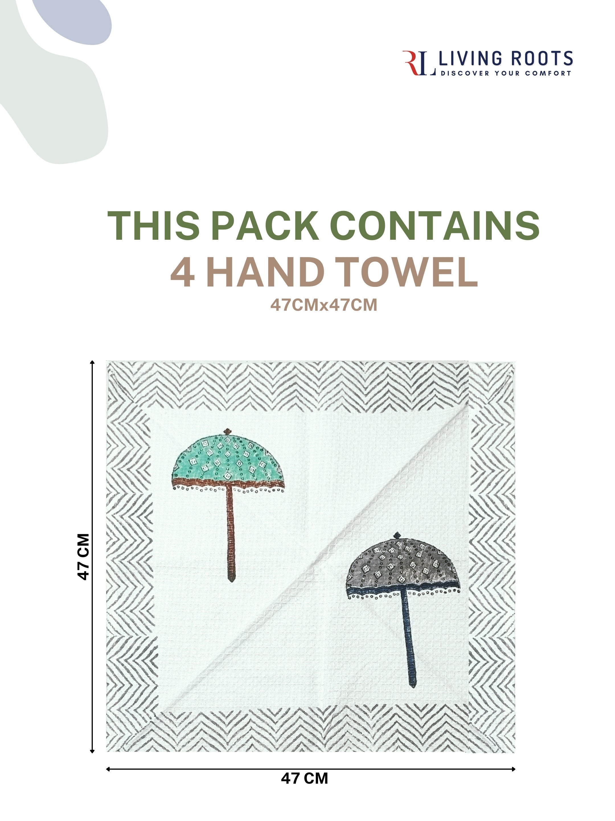 LIVING ROOTS Hand Block Printed 6 Pcs ( 2 Bath Towel  & 4 Hand Towel  ) Waffle Cotton Soft & Absorbent | 210 GSM | Green | ( BATH2PC-018-HAND4PC-18 )