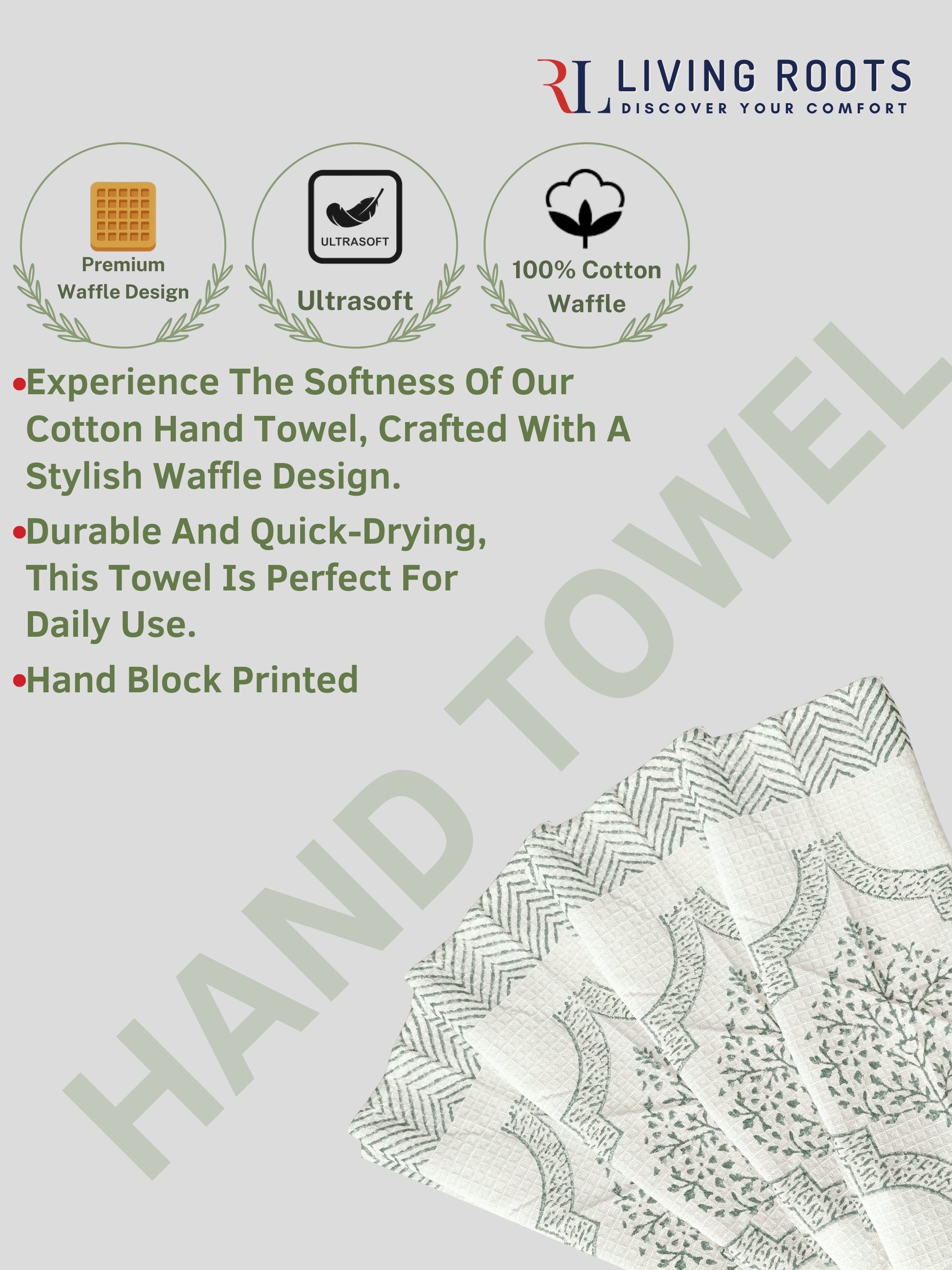LIVING ROOTS Hand Block Printed 6 Pcs ( 2 Bath Towel  & 4 Hand Towel  ) Waffle Cotton Soft & Absorbent | 210 GSM | Green | ( BATH2PC-019-HAND4PC-19 )