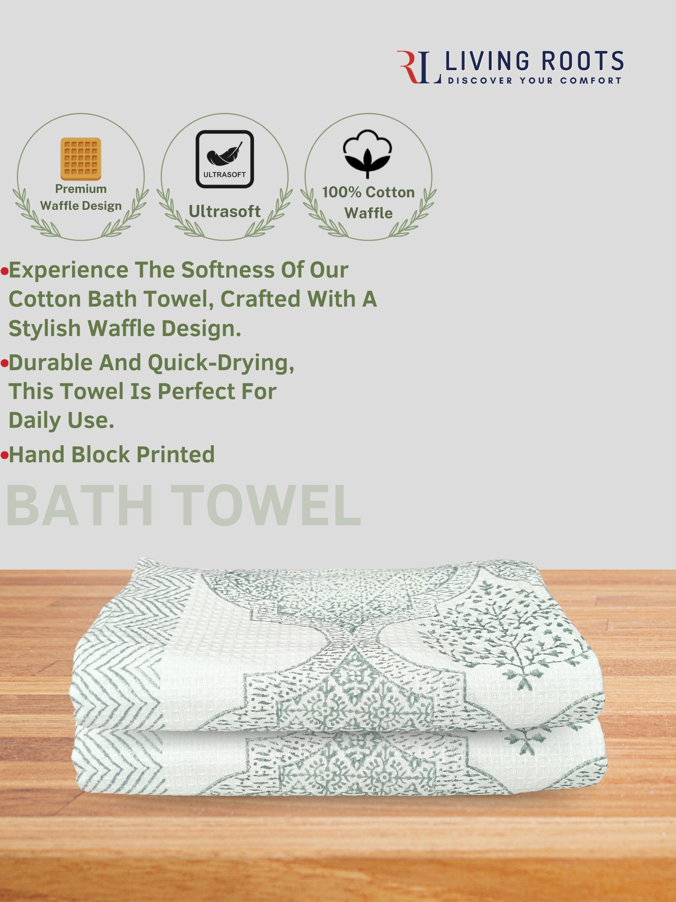 LIVING ROOTS Hand Block Printed 6 Pcs ( 2 Bath Towel  & 4 Hand Towel  ) Waffle Cotton Soft & Absorbent | 210 GSM | Green | ( BATH2PC-019-HAND4PC-19 )