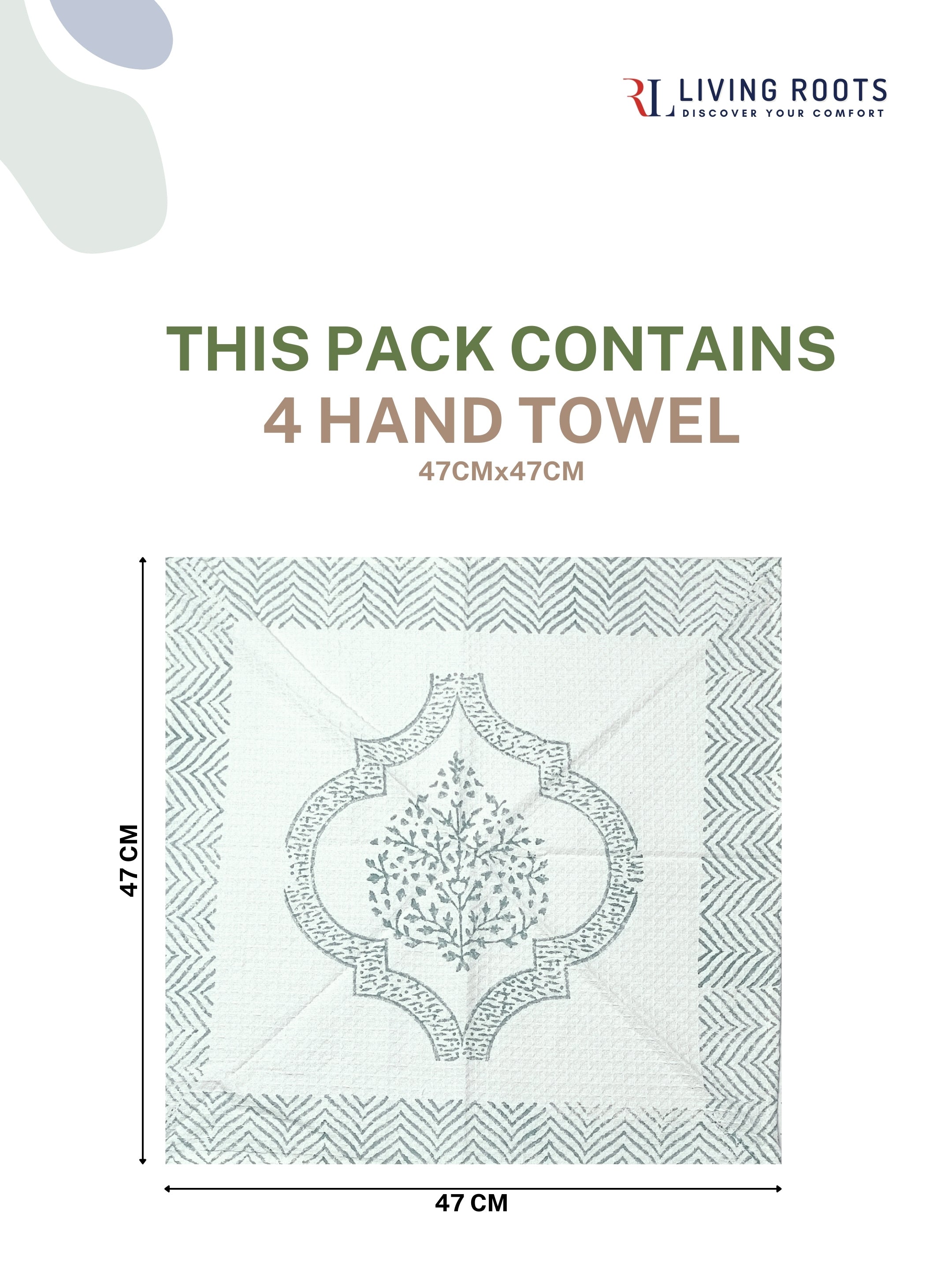 LIVING ROOTS Hand Block Printed 6 Pcs ( 2 Bath Towel  & 4 Hand Towel  ) Waffle Cotton Soft & Absorbent | 210 GSM | Green | ( BATH2PC-019-HAND4PC-19 )