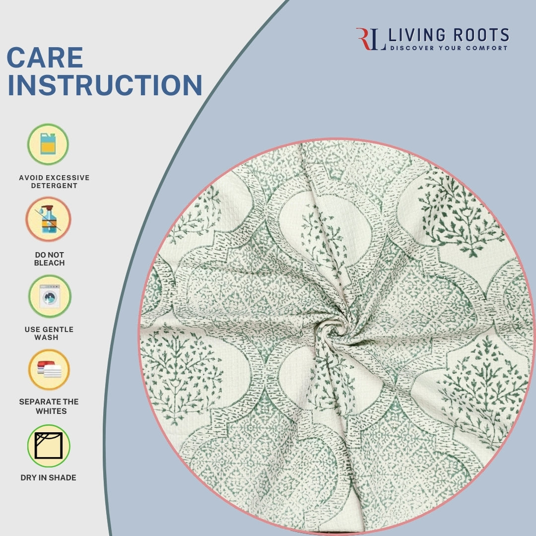 LIVING ROOTS Hand Block Printed 6 Pcs ( 2 Bath Towel  & 4 Hand Towel  ) Waffle Cotton Soft & Absorbent | 210 GSM | Green | ( BATH2PC-019-HAND4PC-19 )