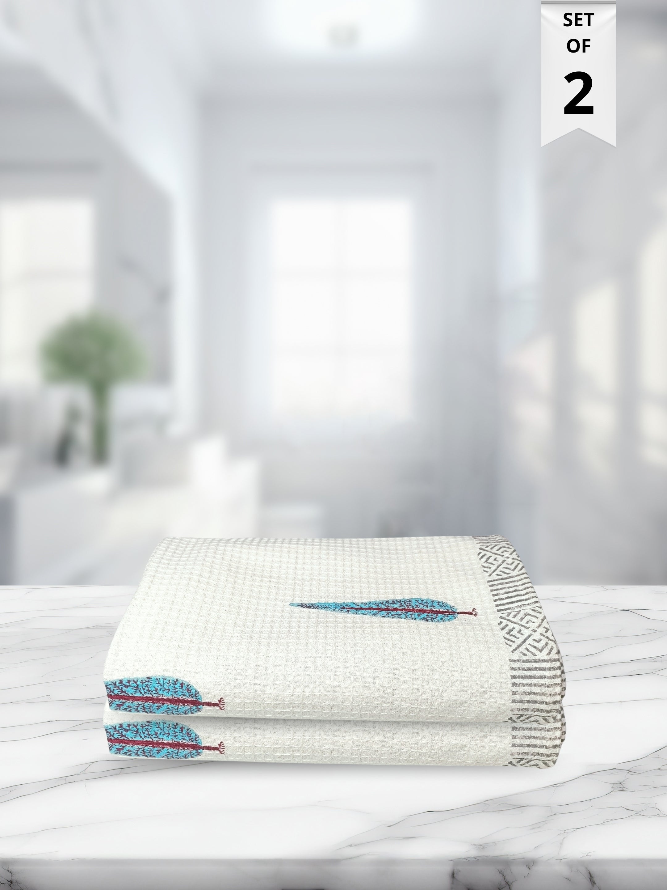 LIVING ROOTS Hand Block Printed 2 Pcs Bath Towels  Waffle Cotton Soft & Absorbent | 210 GSM| Blue | ( BATHTOWEL-2PC-001 )