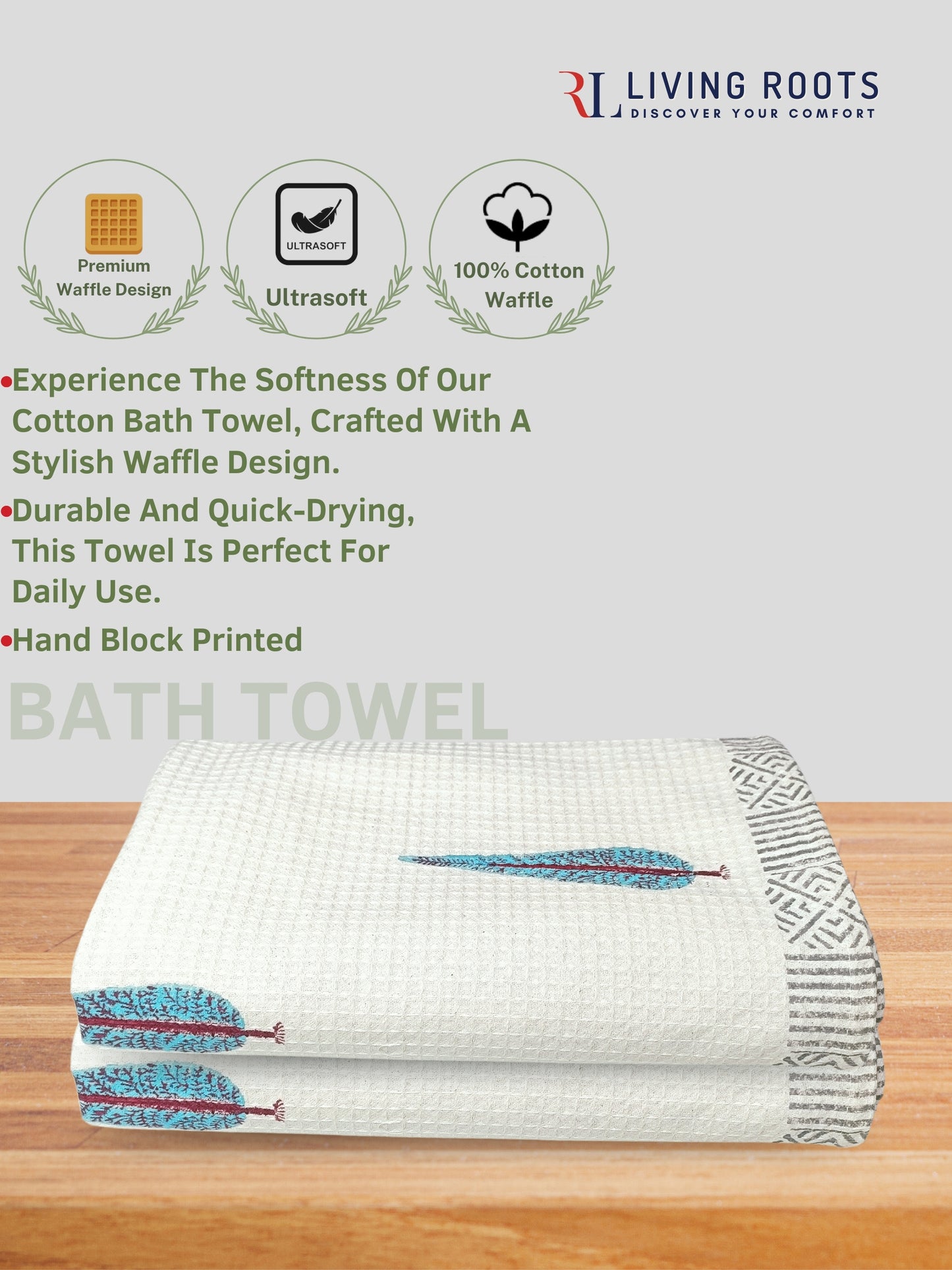 Living Roots Waffle Cotton 2pc Bathtowels|quick Dry Super Absorbent - Bath Towel For Men And Women BATHTOWEL-2PC-001