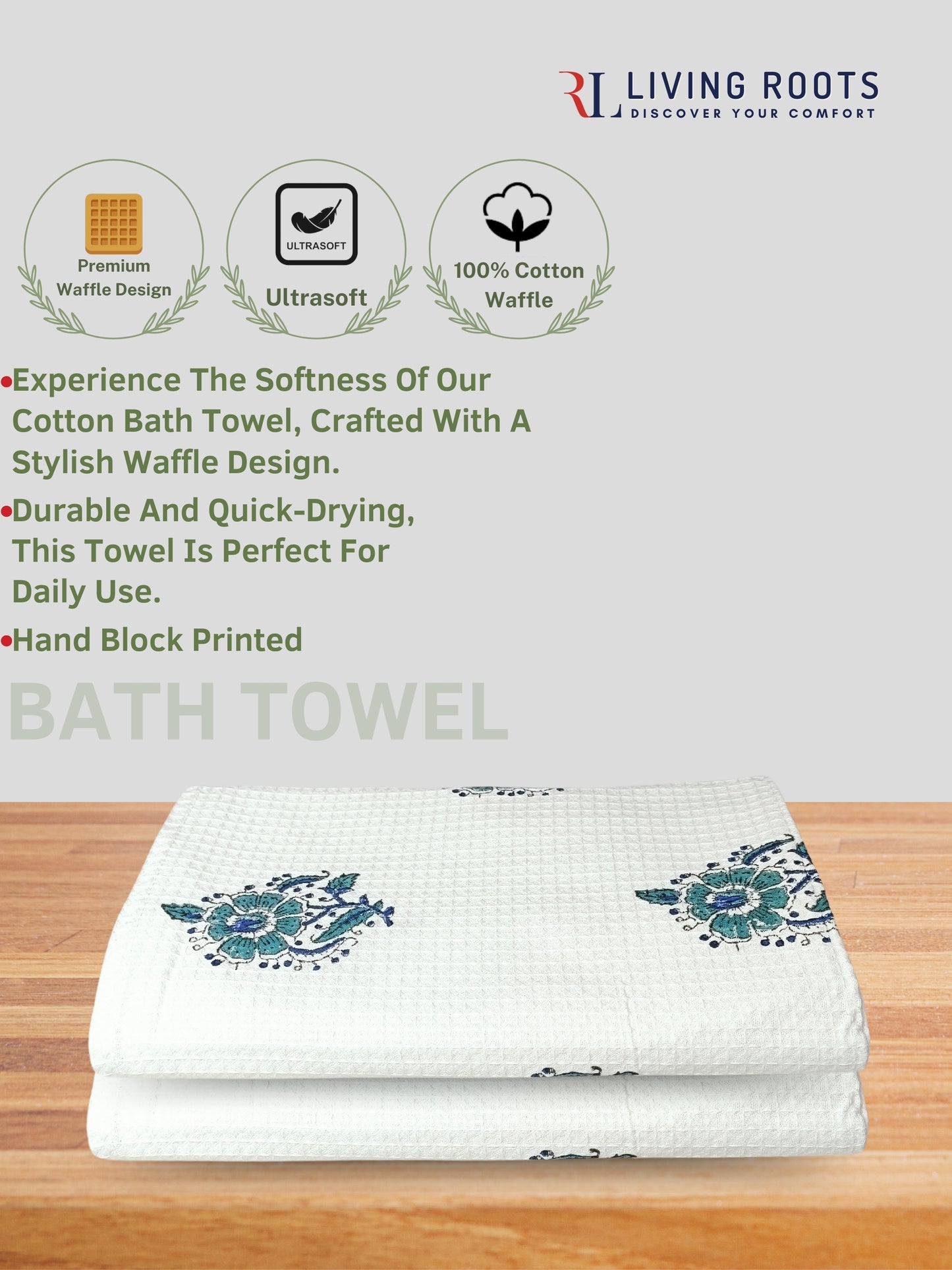 Living Roots Waffle Cotton 2pc Bathtowels|quick Dry Super Absorbent - Bath Towel For Men And Women BATHTOWEL-2PC-002