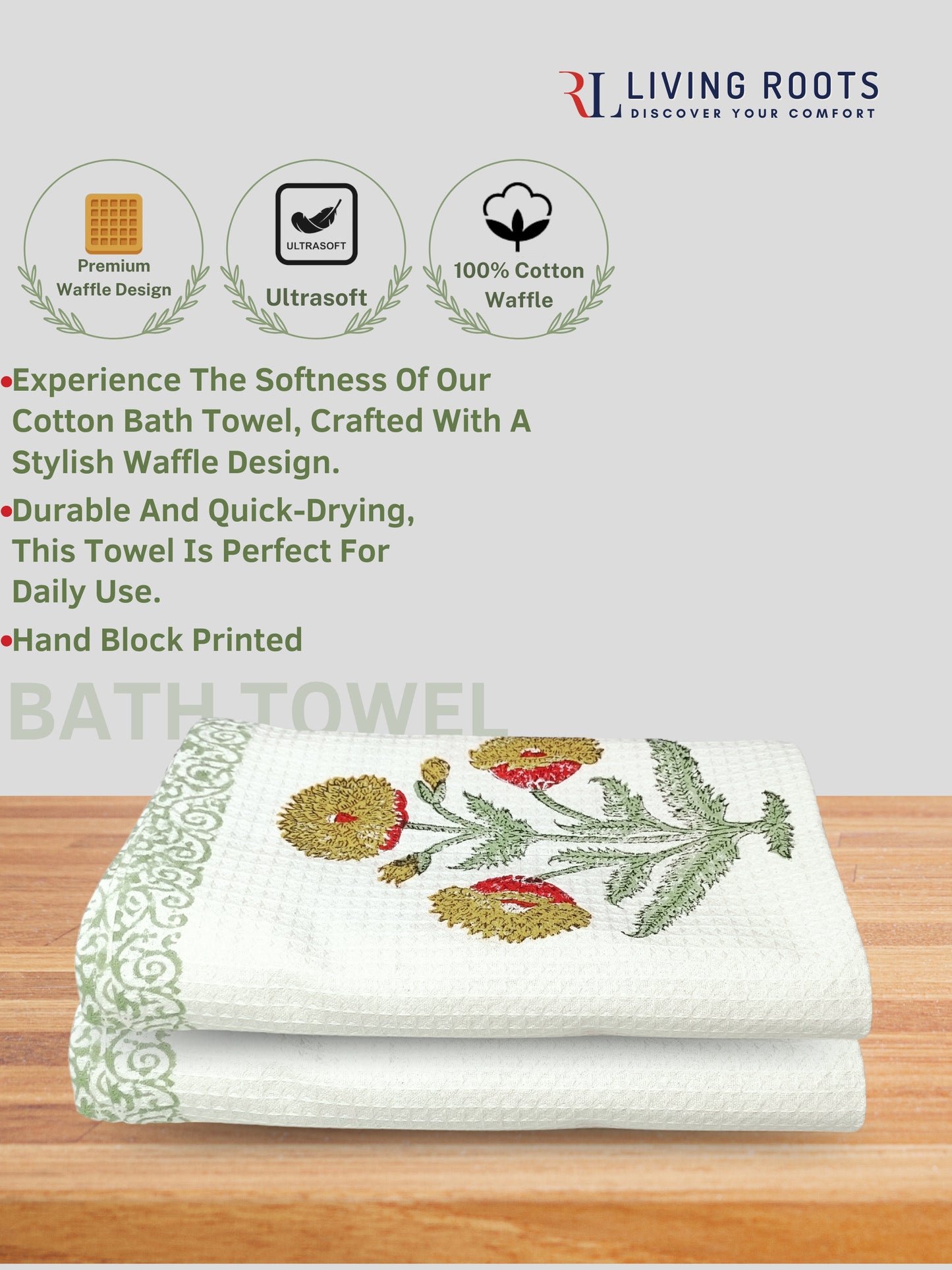 Living Roots Waffle Cotton 2pc Bathtowels|quick Dry Super Absorbent - Bath Towel For Men And Women BATHTOWEL-2PC-003