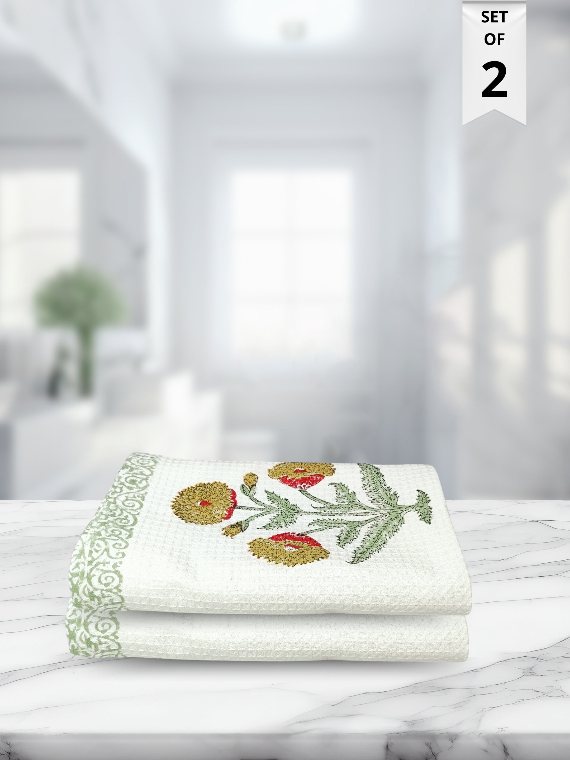 LIVING ROOTS Hand Block Printed 2 Pcs Bath Towels  Waffle Cotton Soft & Absorbent | 210 GSM | Yellow | ( BATHTOWEL-2PC-003 )