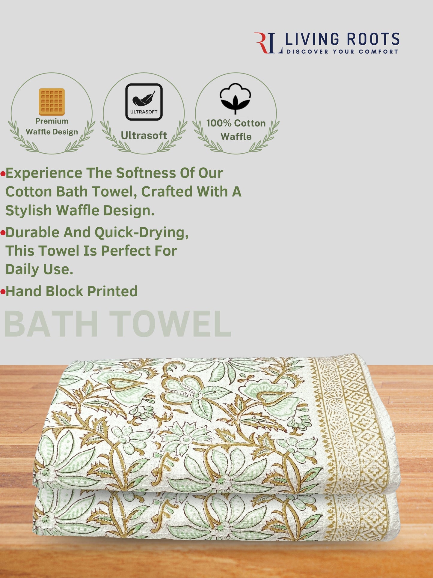 Living Roots Waffle Cotton 2pc Bathtowels|quick Dry Super Absorbent - Bath Towel For Men And Women BATHTOWEL-2PC-004