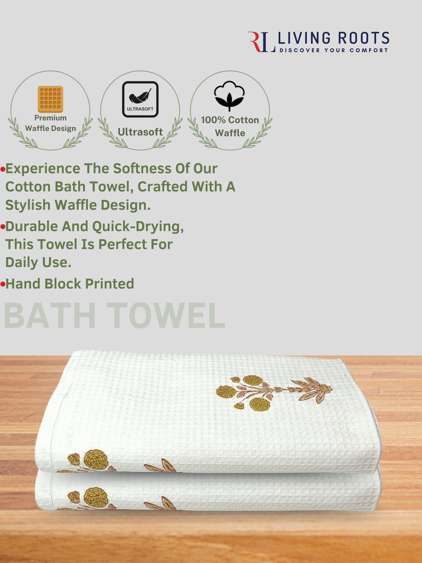 Living Roots Waffle Cotton 2pc Bathtowels|quick Dry Super Absorbent - Bath Towel For Men And Women BATHTOWEL-2PC-005