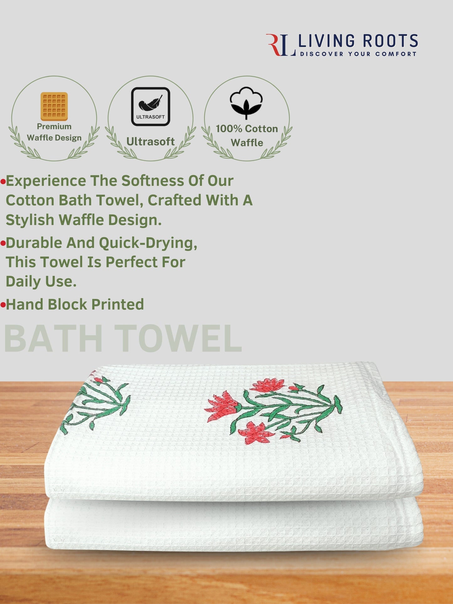 Living Roots Waffle Cotton 2pc Bathtowels|quick Dry Super Absorbent - Bath Towel For Men And Women BATHTOWEL-2PC-006