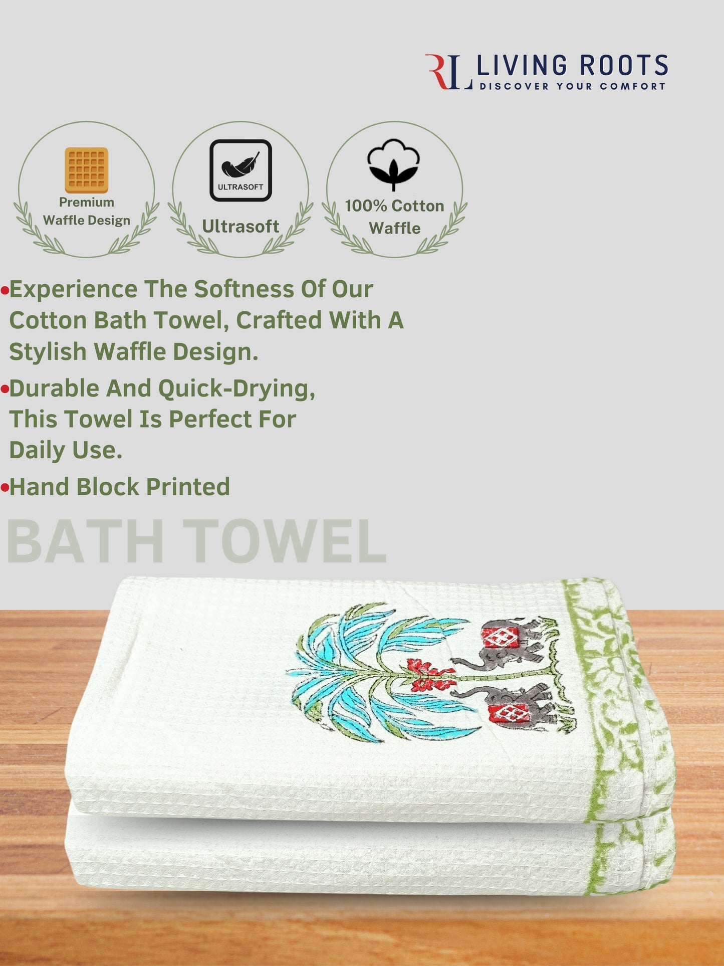 Living Roots Waffle Cotton 2pc Bathtowels|quick Dry Super Absorbent - Bath Towel For Men And Women BATHTOWEL-2PC-007