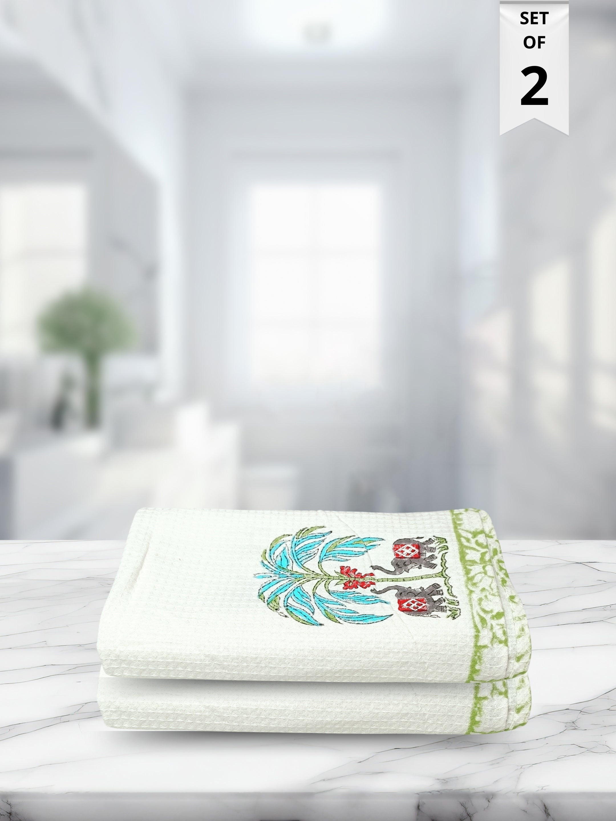 LIVING ROOTS Hand Block Printed 2 Pcs Bath Towels  Waffle Cotton Soft & Absorbent | 210 GSM | Blue | ( BATHTOWEL-2PC-007 )