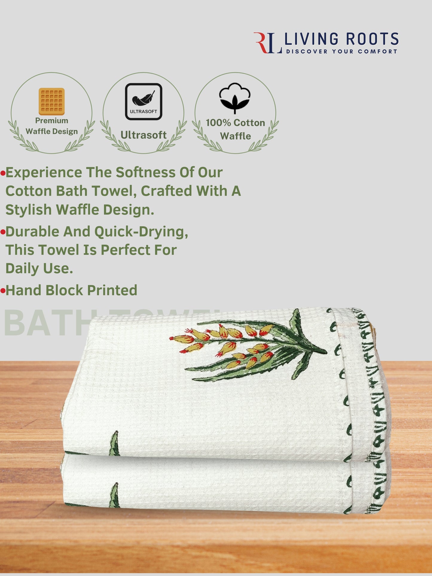 Living Roots Waffle Cotton 2pc Bathtowels|quick Dry Super Absorbent - Bath Towel For Men And Women BATHTOWEL-2PC-008