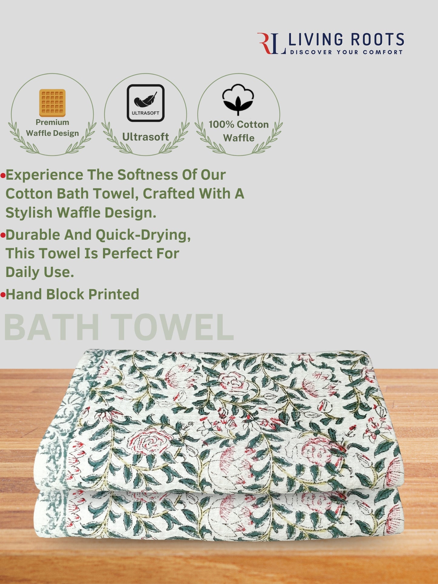 Living Roots Waffle Cotton 2pc Bathtowels|quick Dry Super Absorbent - Bath Towel For Men And Women BATHTOWEL-2PC-009