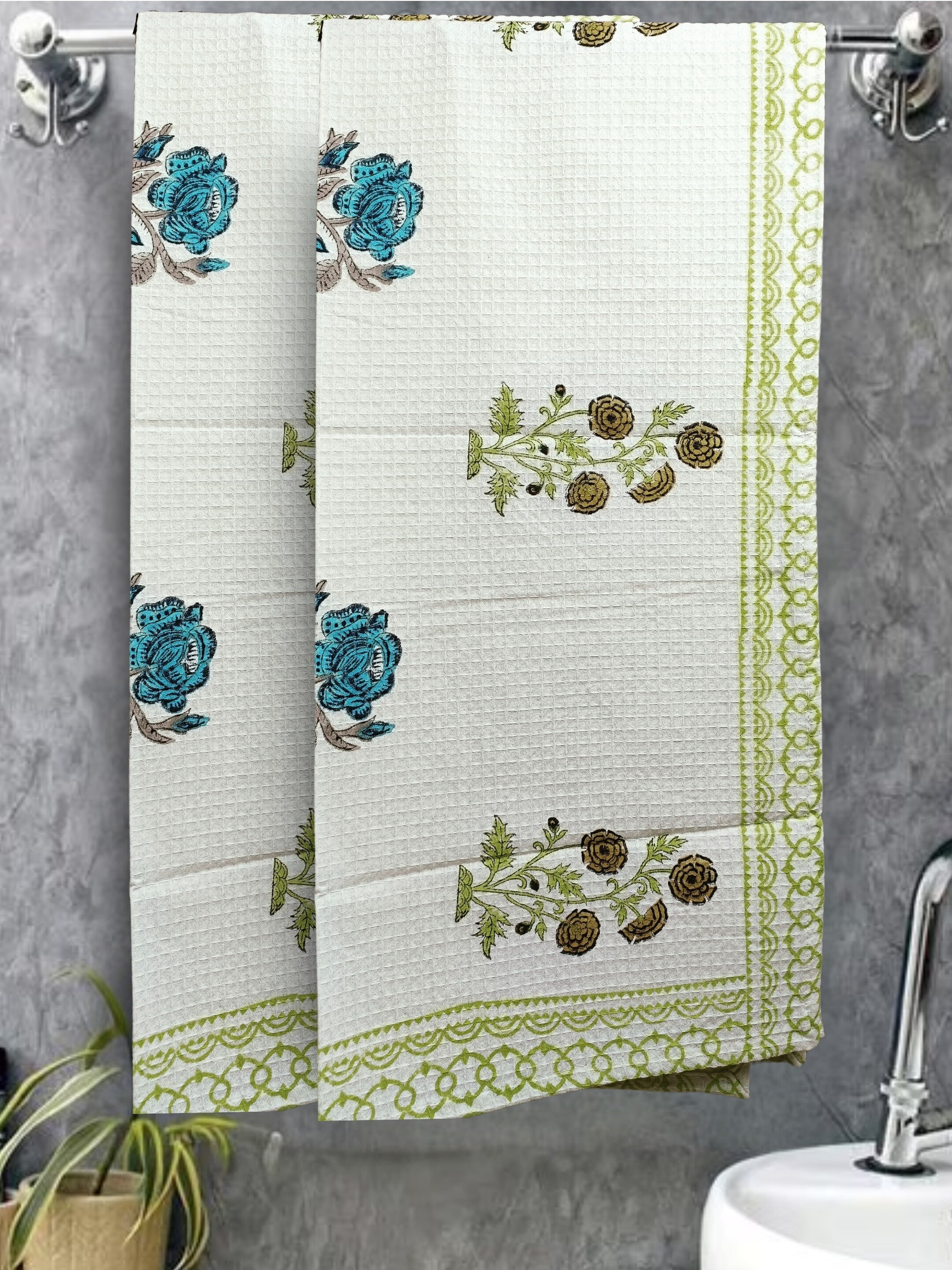 LIVING ROOTS Hand Block Printed 2 Pcs Bath Towels  Waffle Cotton Soft & Absorbent | 210 GSM| Blue | ( BATHTOWEL-2PC-010 )