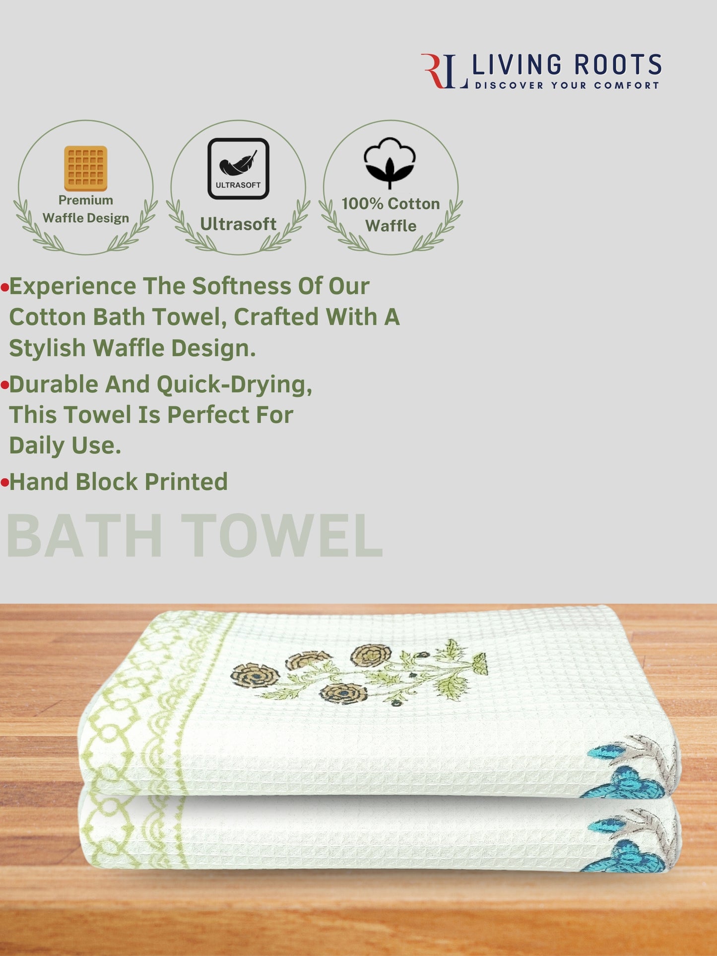 Living Roots Waffle Cotton 2pc Bathtowels|quick Dry Super Absorbent - Bath Towel For Men And Women BATHTOWEL-2PC-010