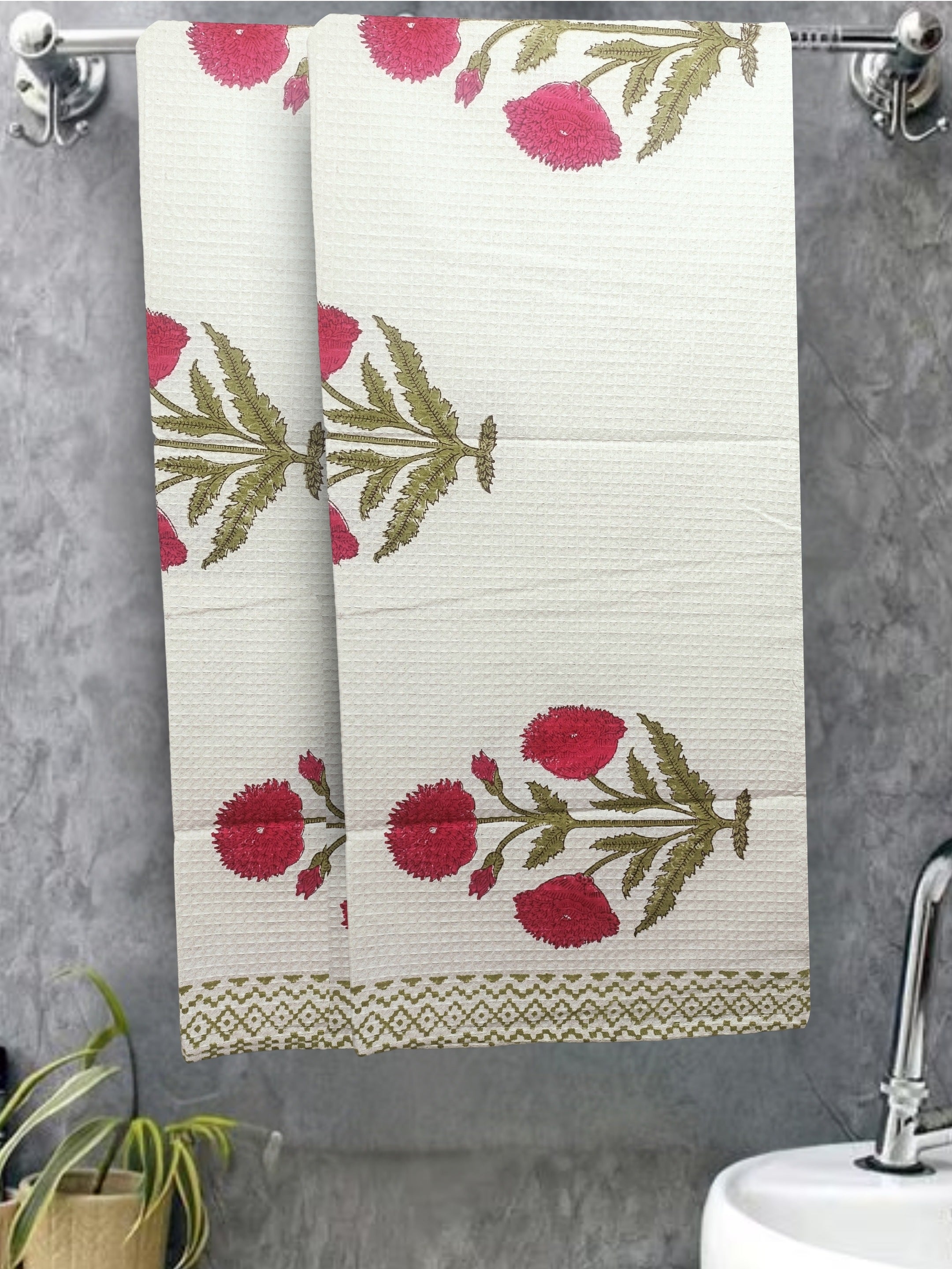 LIVING ROOTS Hand Block Printed 2 Pcs Bath Towels  Waffle Cotton Soft & Absorbent | 210 GSM | White | ( BATHTOWEL-2PC-011 )
