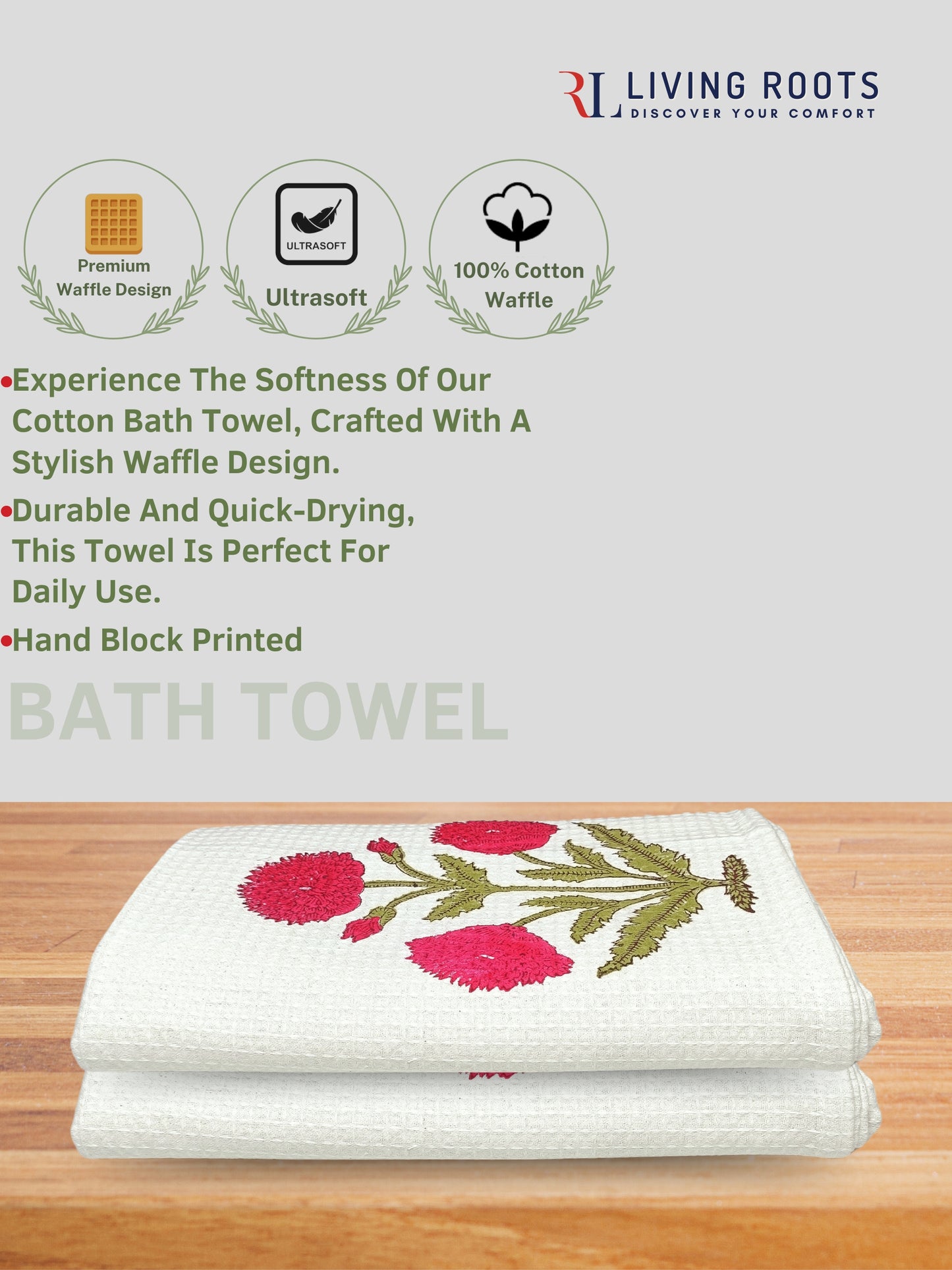 Living Roots Waffle Cotton 2pc Bathtowels|quick Dry Super Absorbent - Bath Towel For Men And Women BATHTOWEL-2PC-011